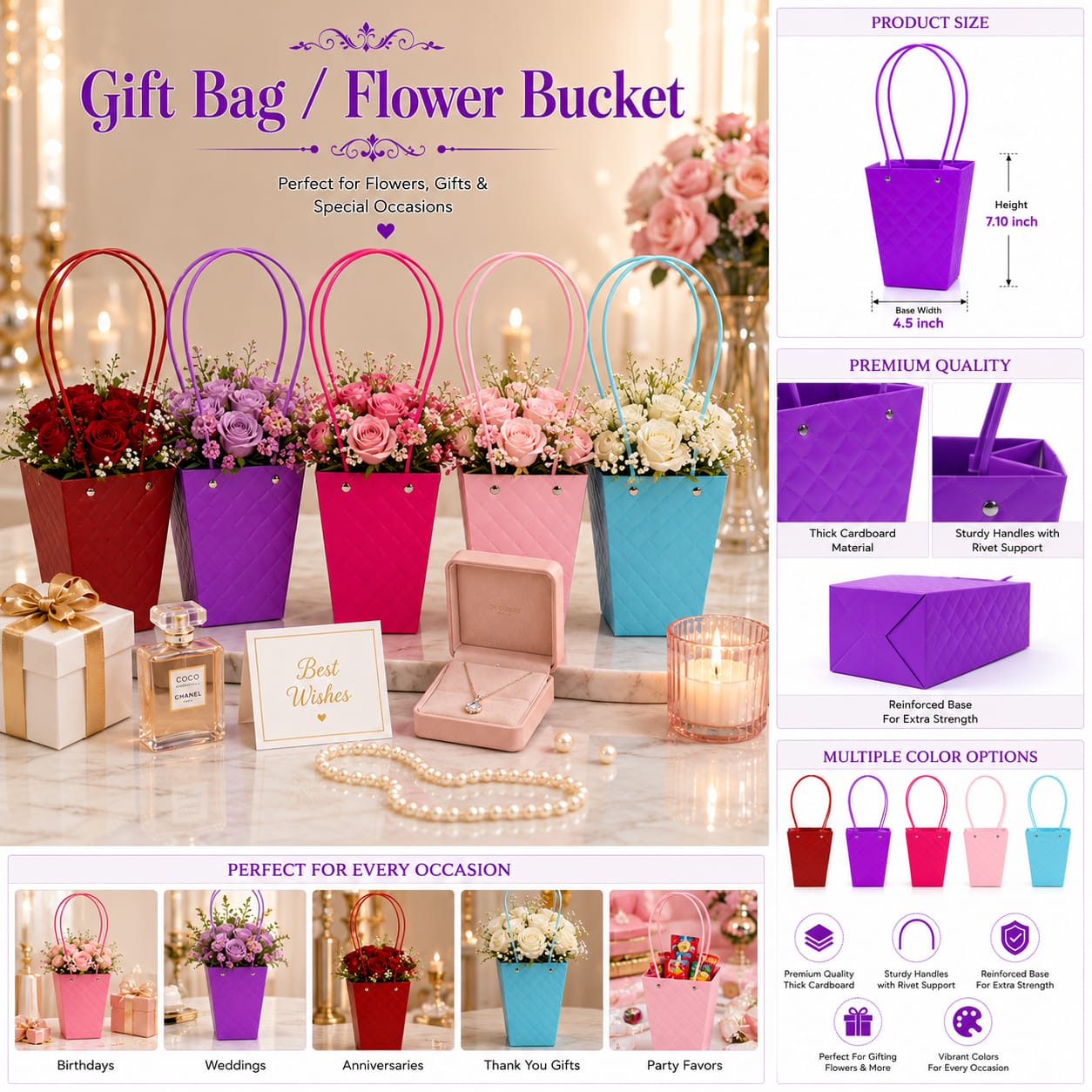 Elegant Flower Bucket Bouquet with handle - Floral Wrap Florist Supplies Basket Wedding view 2