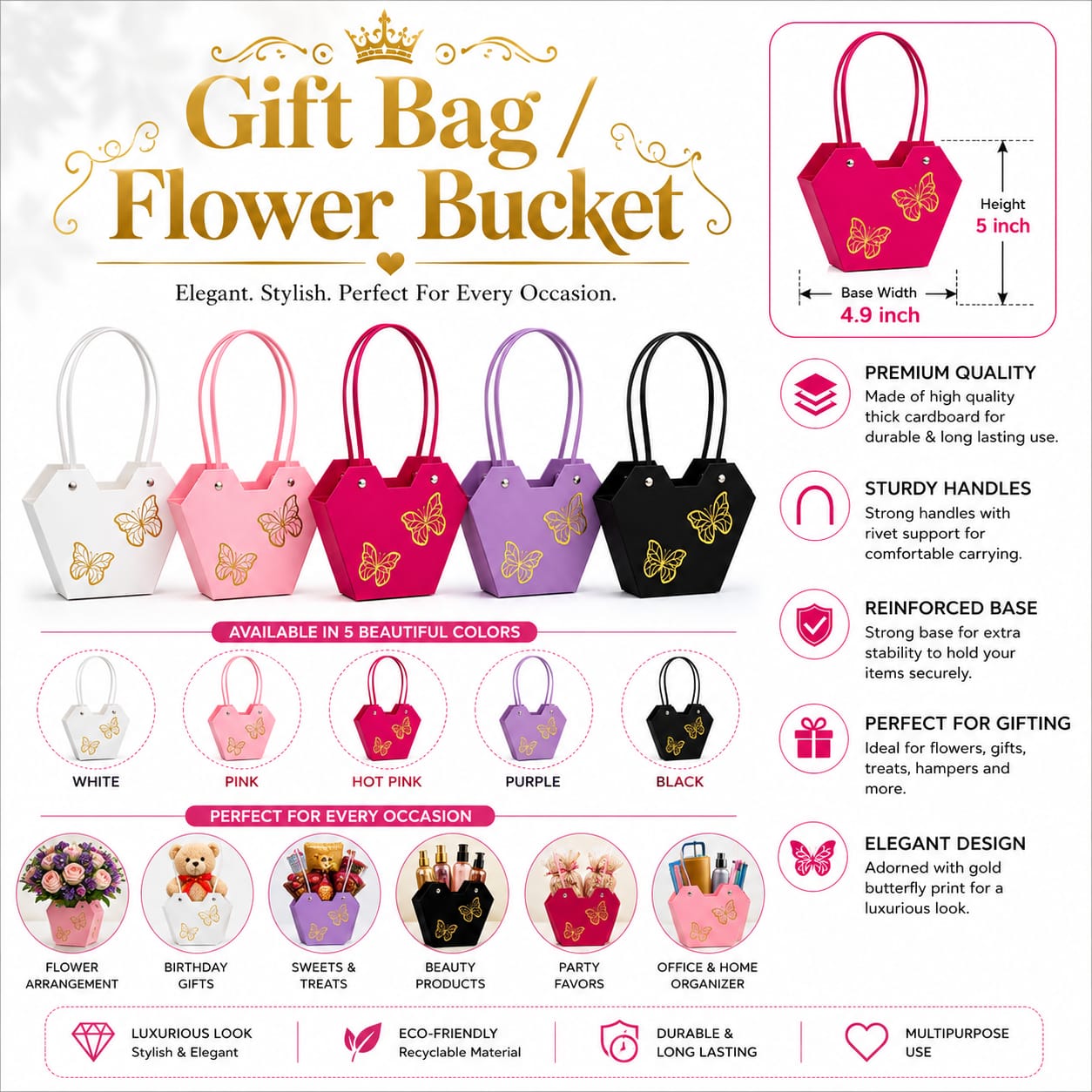 Luxury Black Flower Bucket Bouquet with Handle for Bouquet Packaging Floral Wrap Florist Supplies Basket Wedding view 3