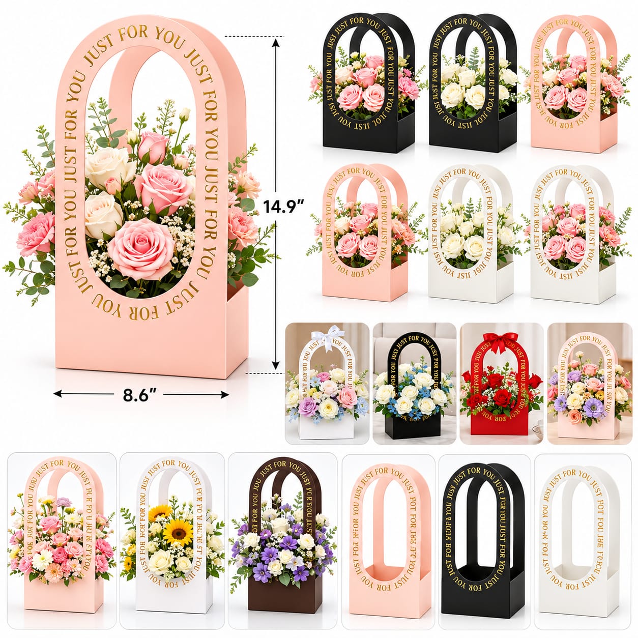 Flower Baskets, Handheld Wedding Bouquet Flower Gift Bags, DIY Flowers Basket Packaging Box Florist Supply Baskets for Valentine‘s Party Birthday Decoration view 3