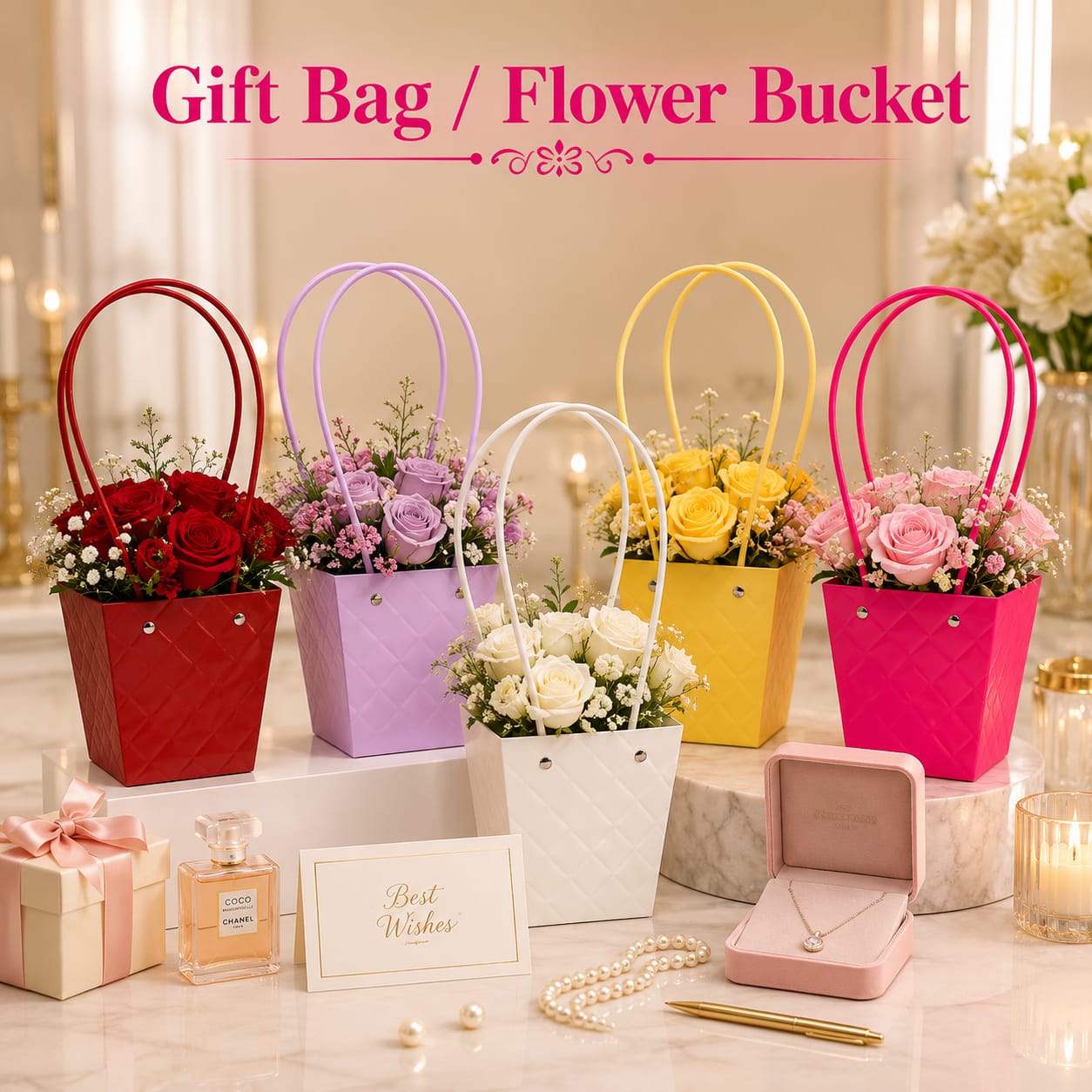 Pastel Flower Bucket And Gift Bags in Assorted Multicolor view 3