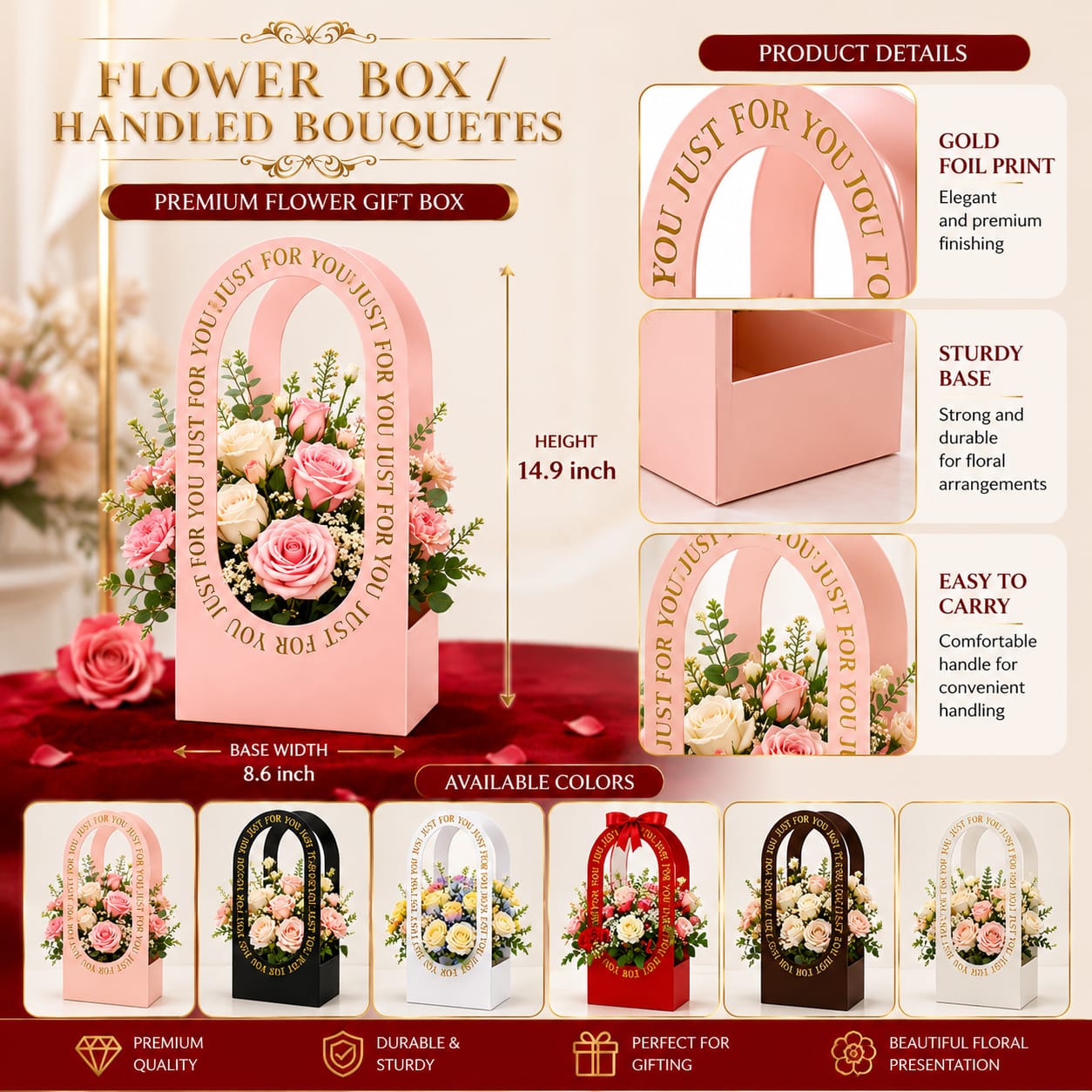 Round Shape Handled Window Flower Basket / Gift Bag, Handheld Wedding Bouquet Flower Gift Bags, DIY Flowers Basket Packaging Box Florist Supply Baskets - Party Birthday Decoration view 3