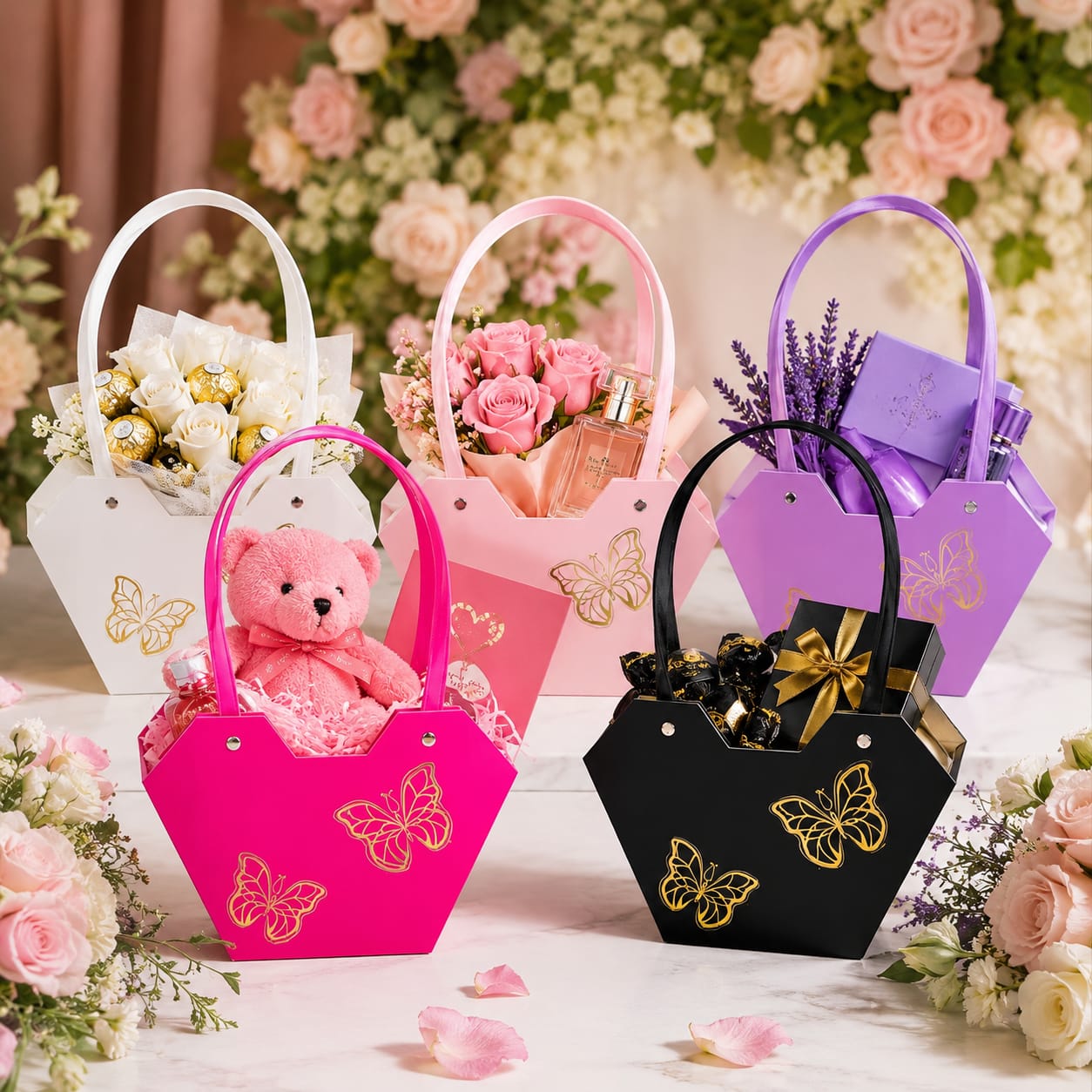 Multi Flower Red Bucket Gift Bags for Bouquets, Floral Wrap Florist Supplies Basket -  Flower Bouquet Box with Handle - Graduation Wedding Gifts view 2