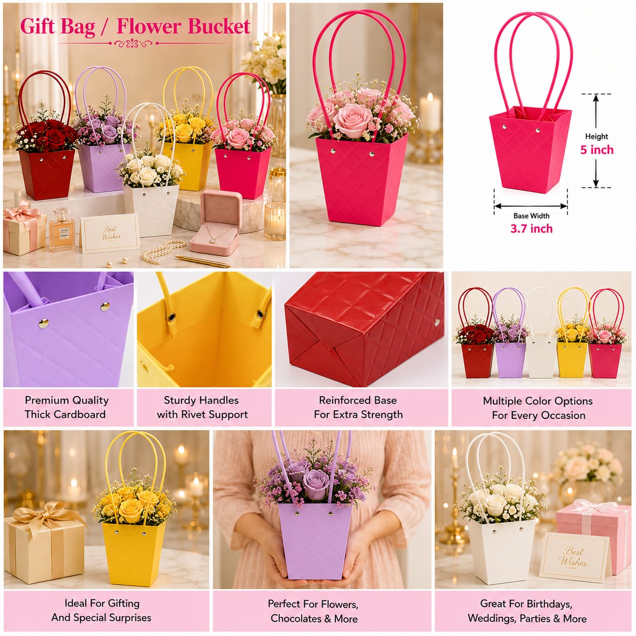 Luxury Flower Mini Bucket Bag - with Handles For Floral Gift Bag - Flower Bouquet - Wedding Favors, Showers, Parties - Florist Carrier Bags for Flowers Bouquet Storage