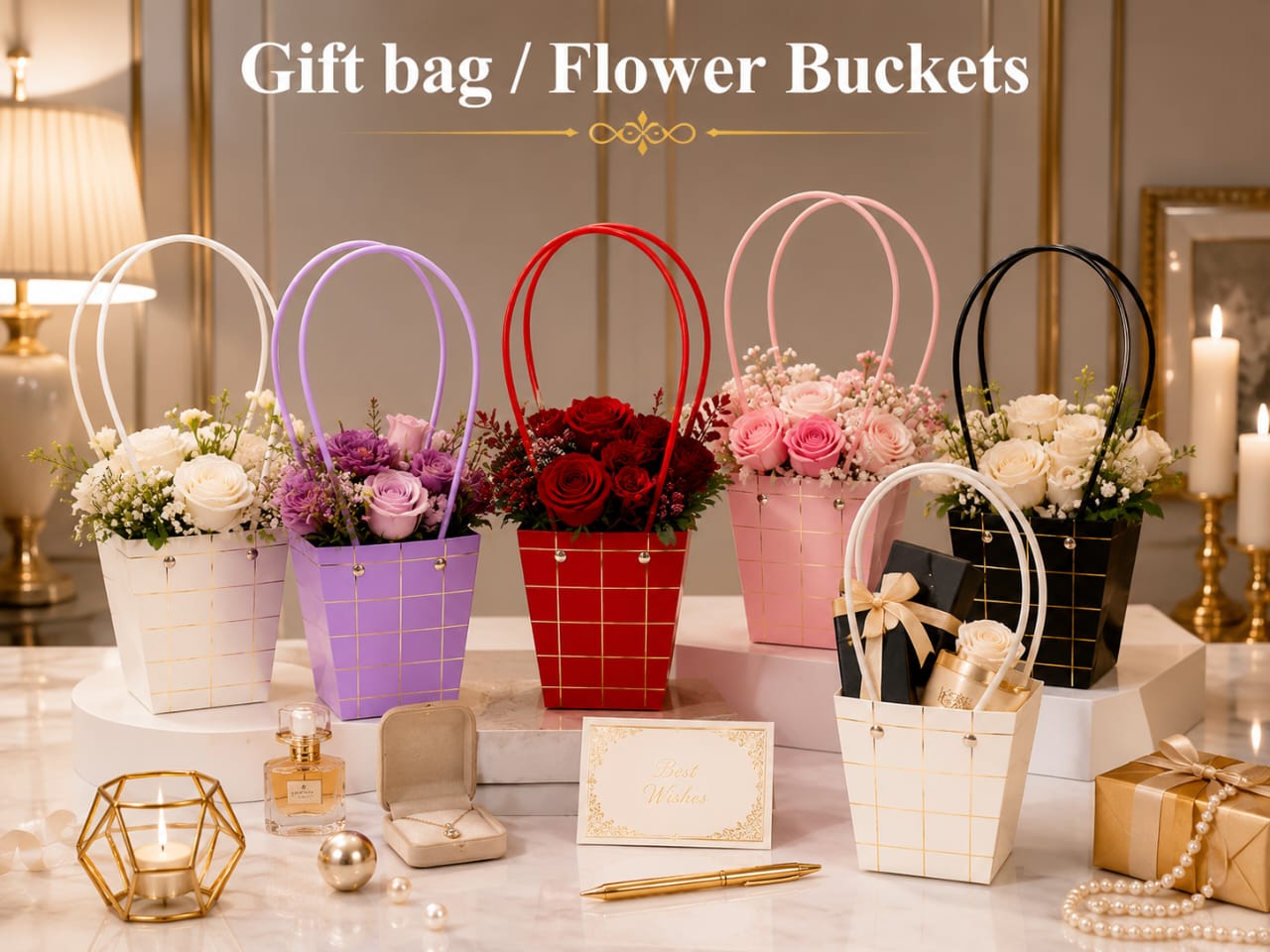 Luxury Texture Flower Mini Bucket Gift Bags with Handles - Floral Gift Bag - Flower Bouquet, Showers, Parties - Florist Carrier Bags for Flowers Bouquet Storage - Wedding Gift