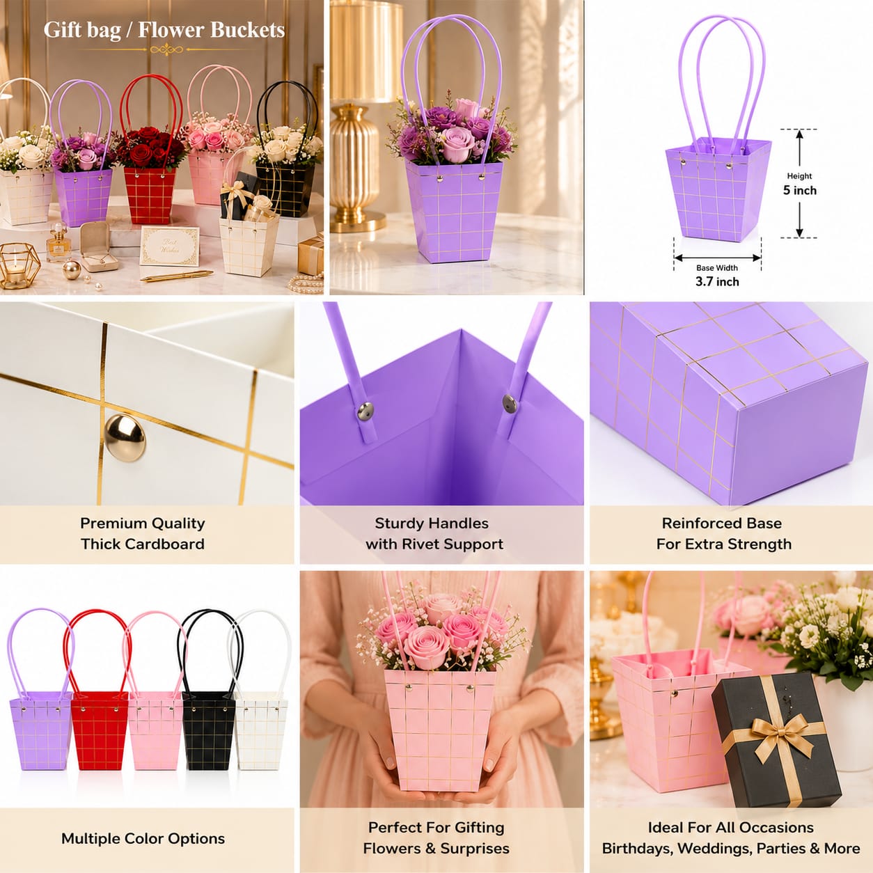 Luxury Texture Flower Mini Bucket Gift Bags with Handles - Floral Gift Bag - Flower Bouquet, Showers, Parties - Florist Carrier Bags for Flowers Bouquet Storage - Wedding Gift view 2