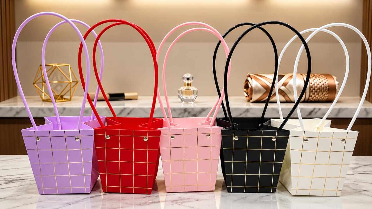 Luxury Texture Flower Mini Bucket Gift Bags with Handles - Floral Gift Bag - Flower Bouquet, Showers, Parties - Florist Carrier Bags for Flowers Bouquet Storage - Wedding Gift view 3
