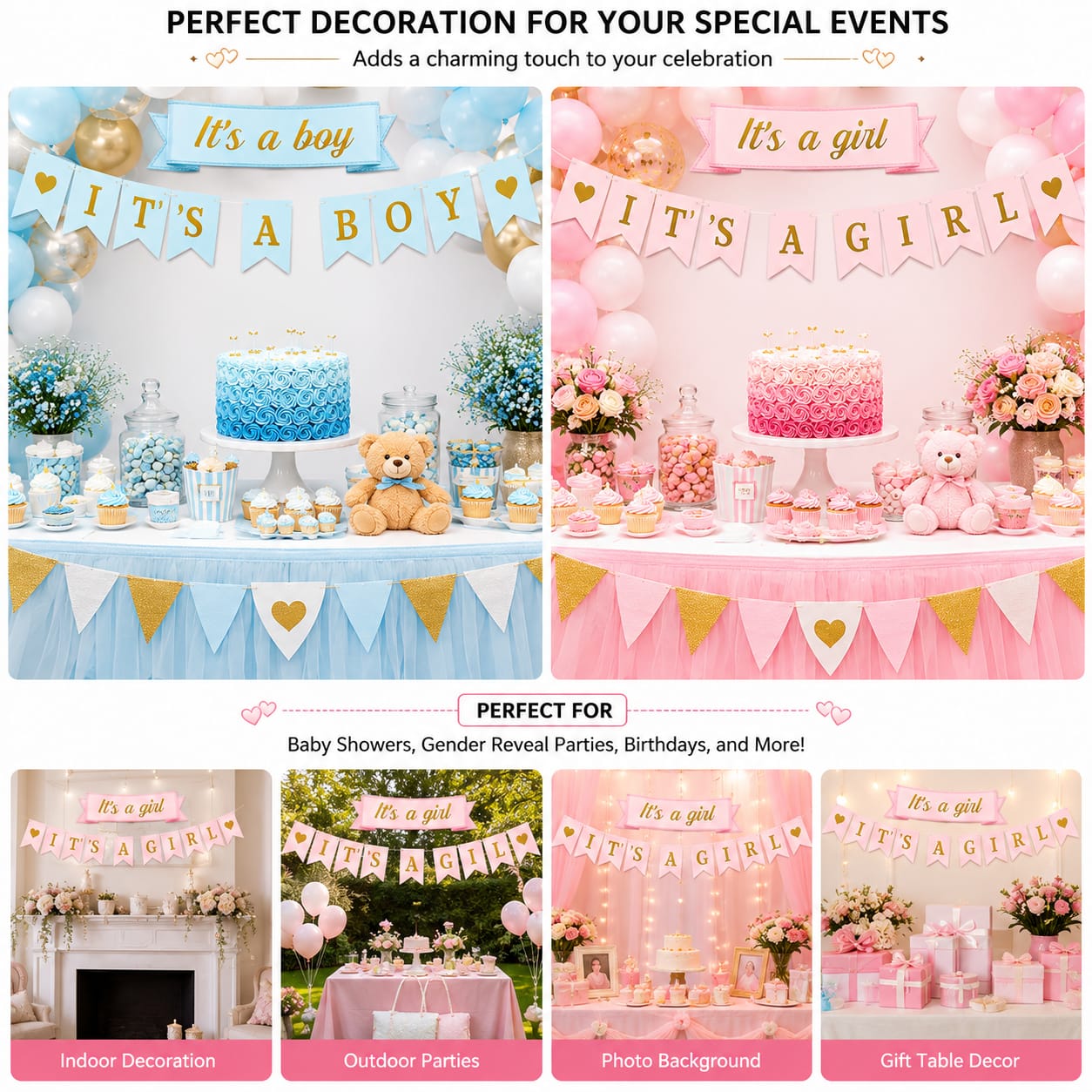 It's a Girl / It's a Boy Banner Bunting for Baby Annoucement Party Celebration decoration