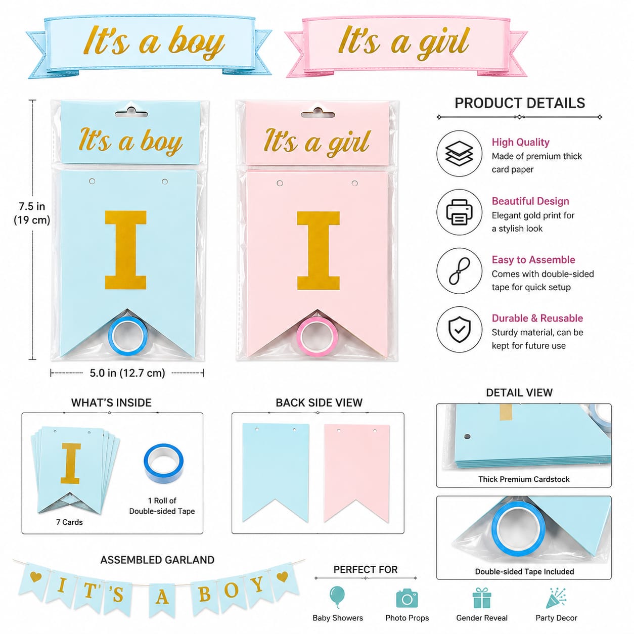 It's a Girl / It's a Boy Banner Bunting for Baby Annoucement Party Celebration decoration view 2