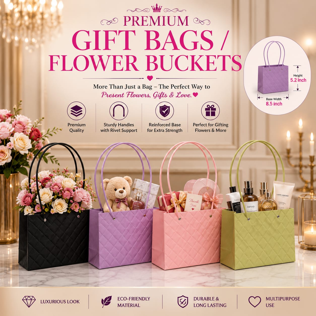 Glossy Flower Bucket & Luxury Gift Bags