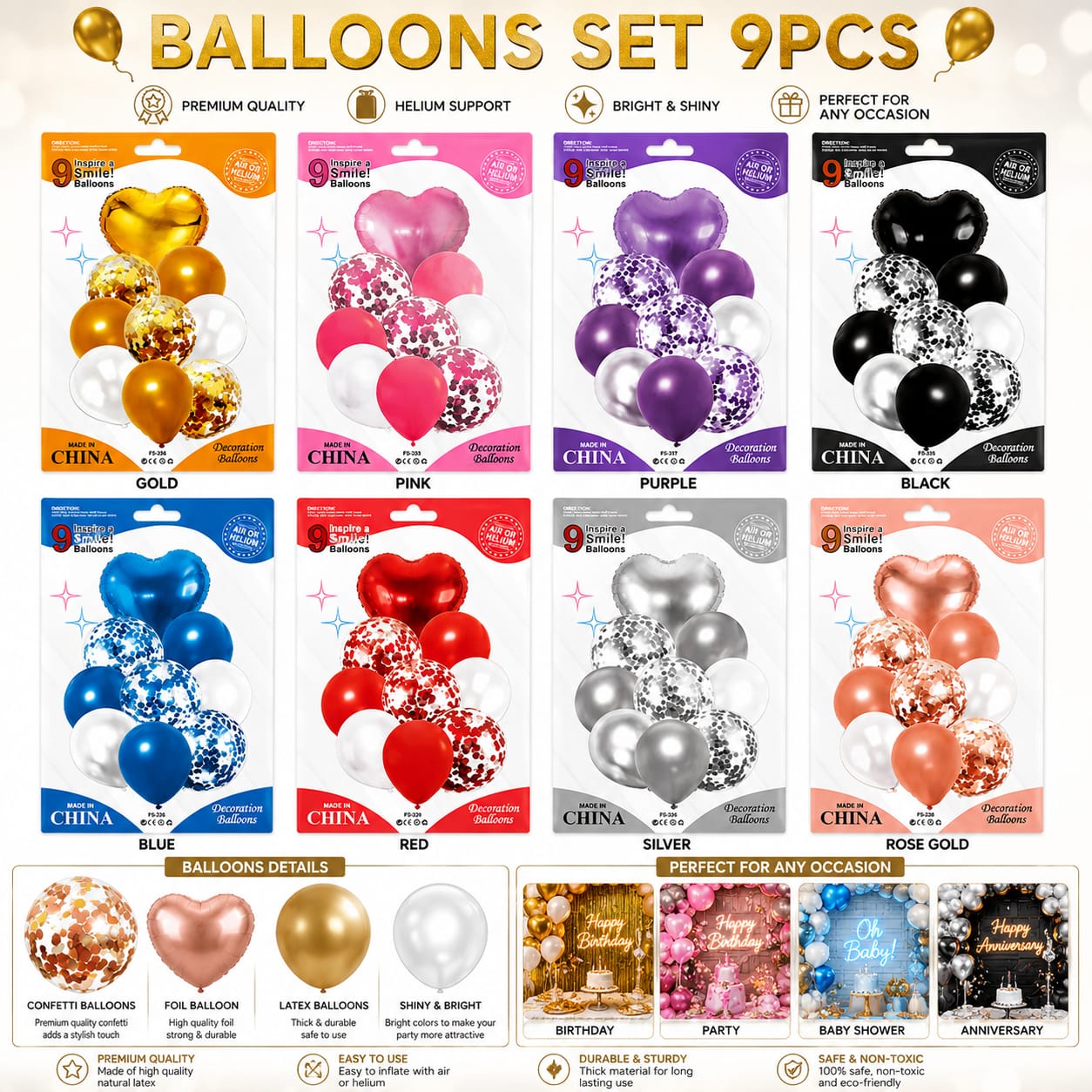 9pcs Mix Confetti Latex Balloons - Decorative Birthday Party Balloons Set - Foil Heart Star