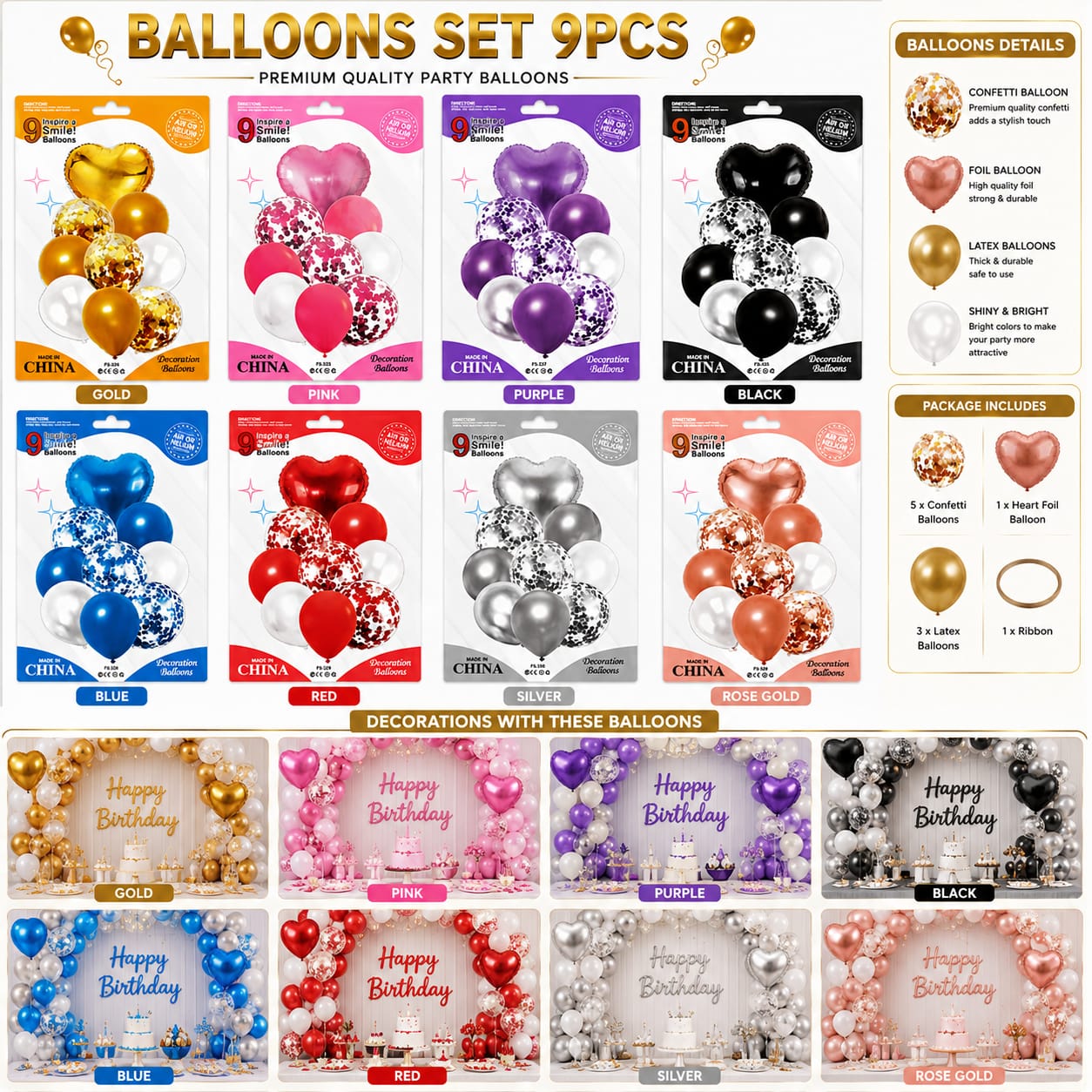 9pcs Mix Confetti Latex Balloons - Decorative Birthday Party Balloons Set - Foil Heart Star view 2