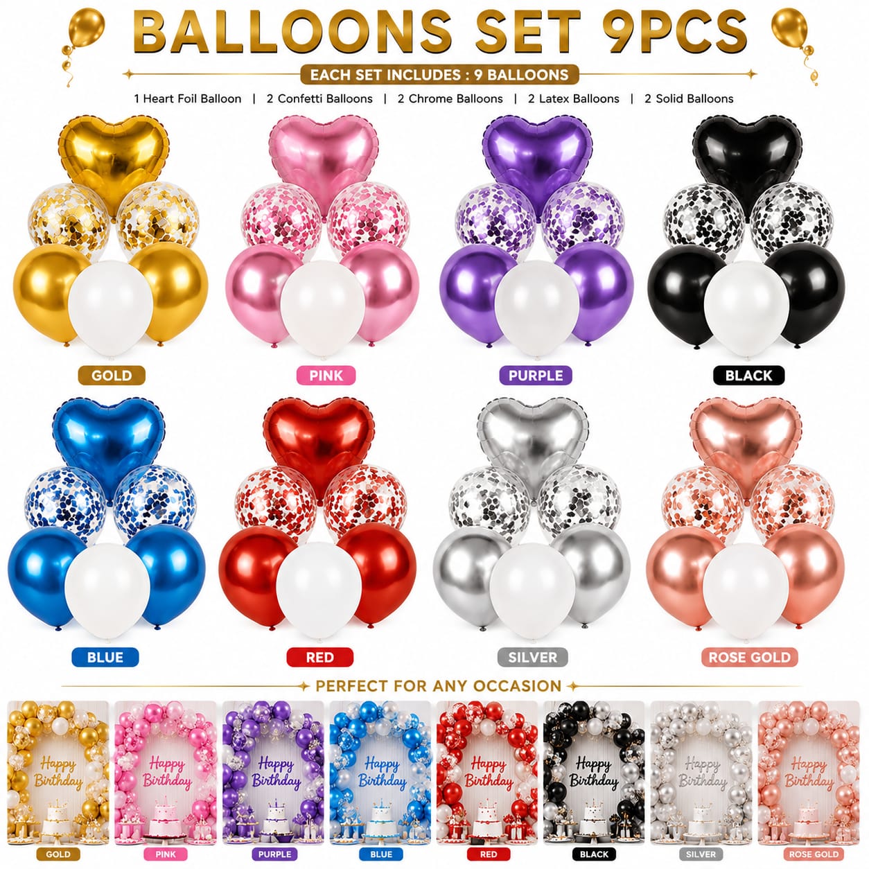 9pcs Mix Confetti Latex Balloons - Decorative Birthday Party Balloons Set - Foil Heart Star view 3