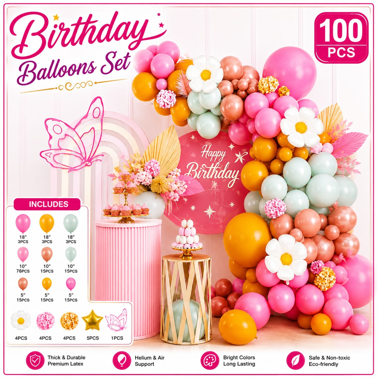 Pack of 100pcs Party Balloons Kit Set for Birthday Decoration