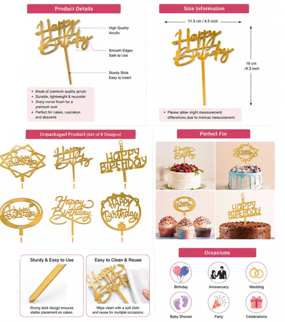 Acrylic Happy Birthday Cake Topper for party celebration - Party Favor view 4