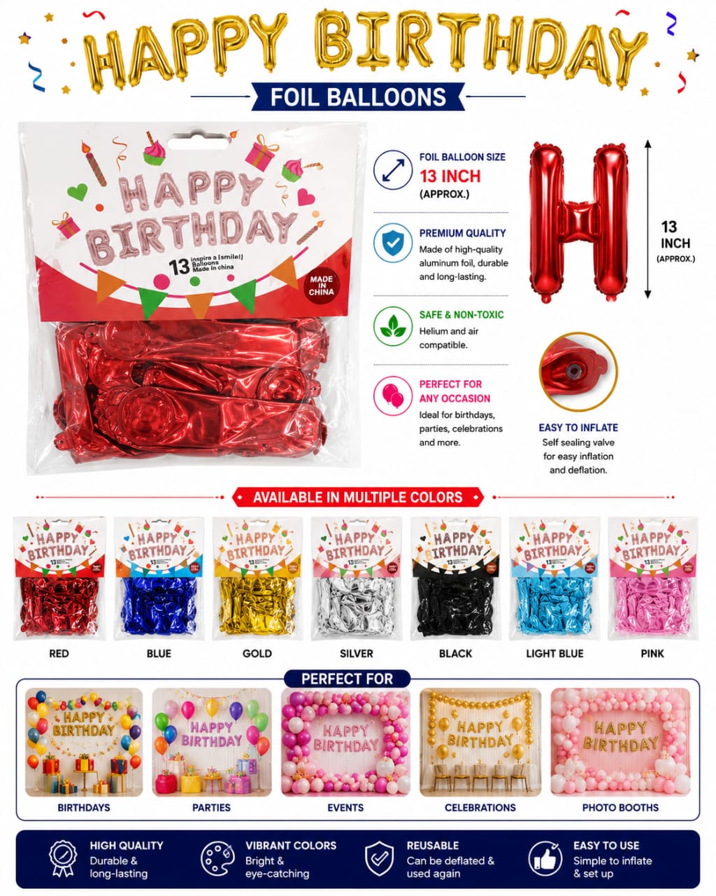 Happy Birthday Foil Balloons Set 13 Letters for Birthday Party Decoration