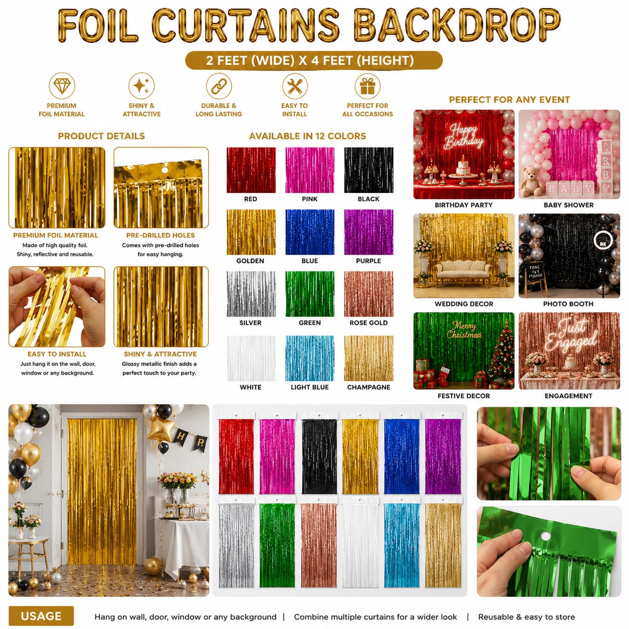 Pack of 2pcs Metallic Foil Curtains fringes Backdrop for birthday party decoration - Party Favor
