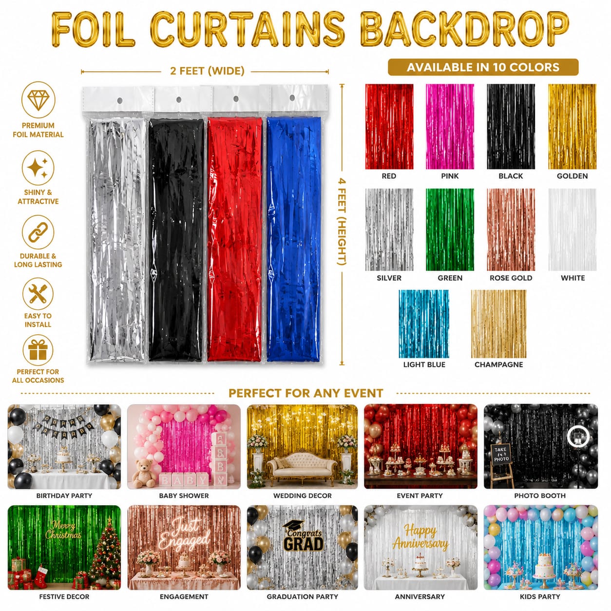 Pack of 2pcs Metallic Foil Curtains fringes Backdrop for birthday party decoration - Party Favor view 2