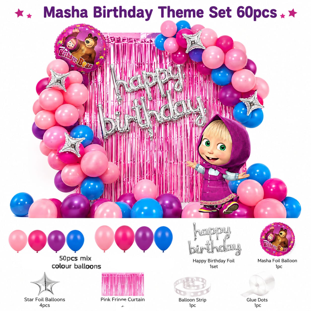 60pcs Set of Masha Birthday theme Decoration Balloons Set view 3