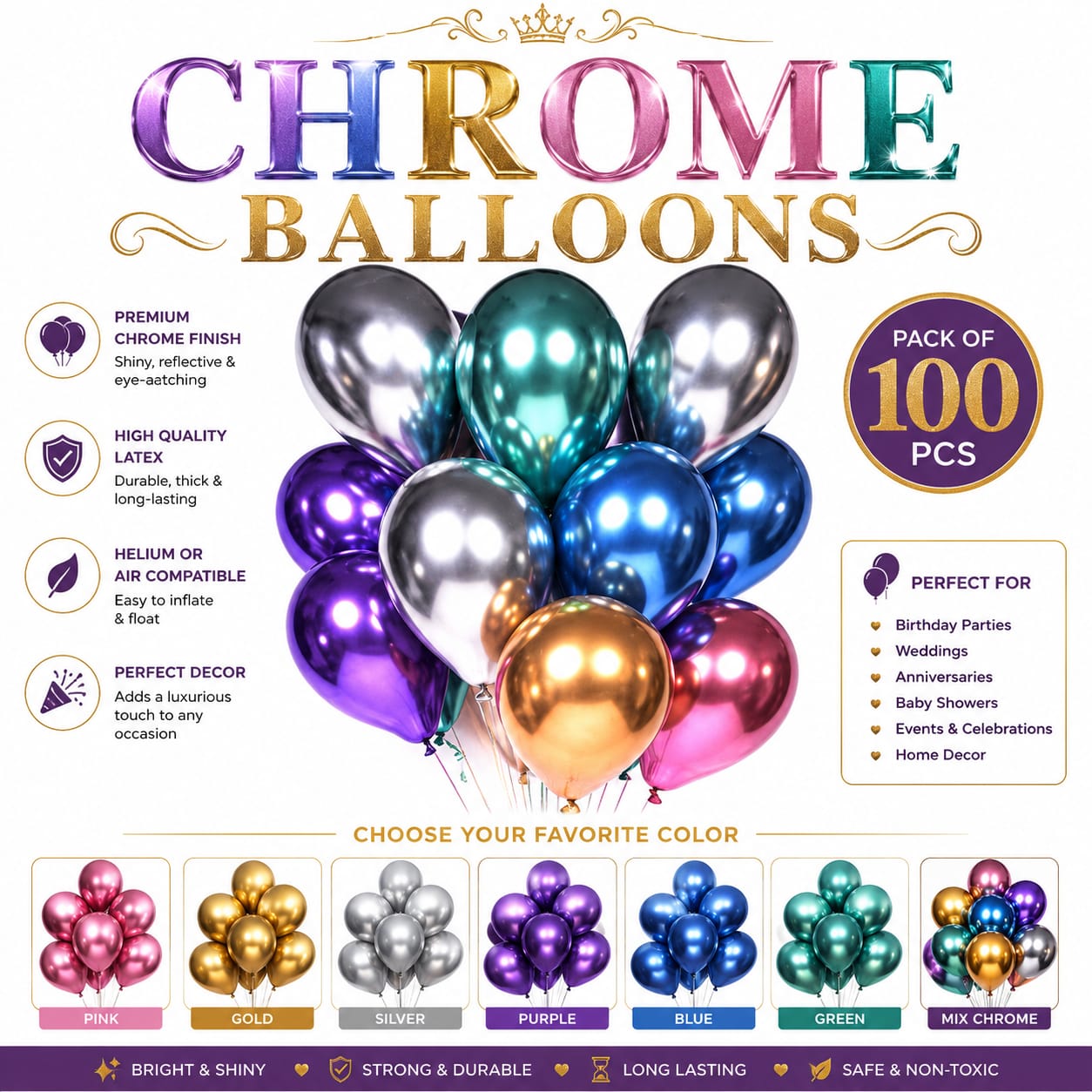 Pack of 50pcs Metallic Chrome Balloons for Party Birthday Decoration