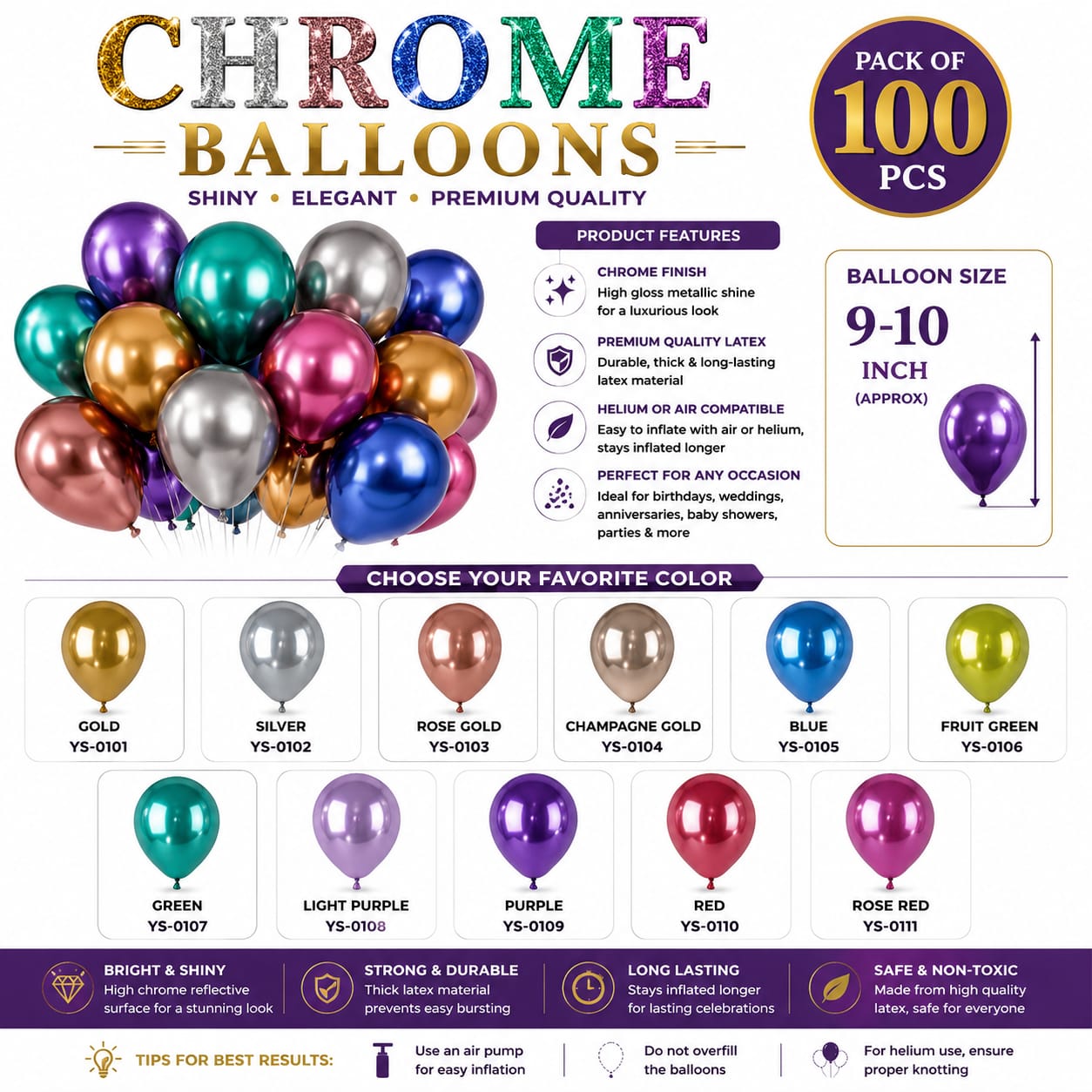 Pack of 50pcs Metallic Chrome Balloons for Party Birthday Decoration view 4