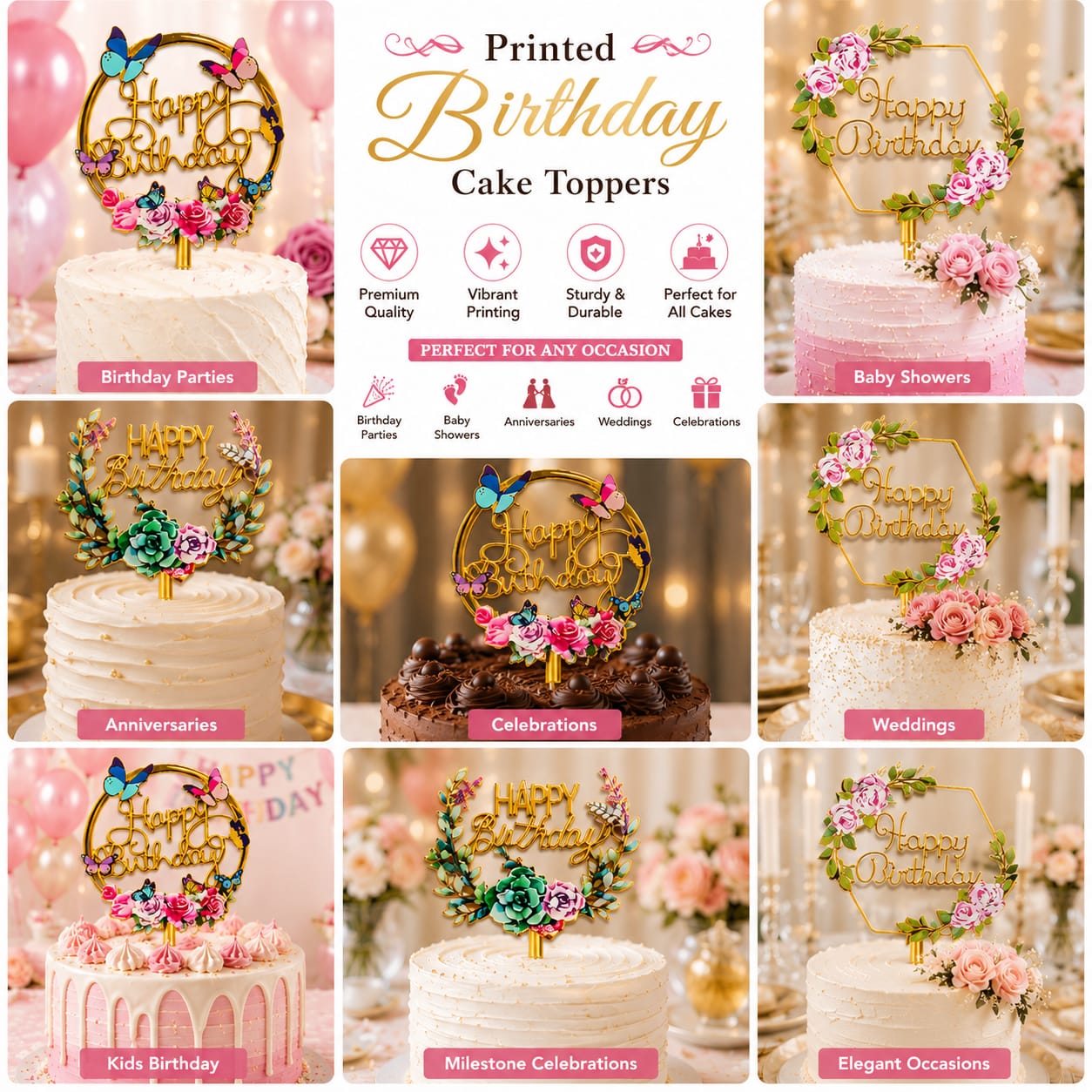 Premium flowers Printed floral Birthday Cake Topper - Party Favor - Multicolor