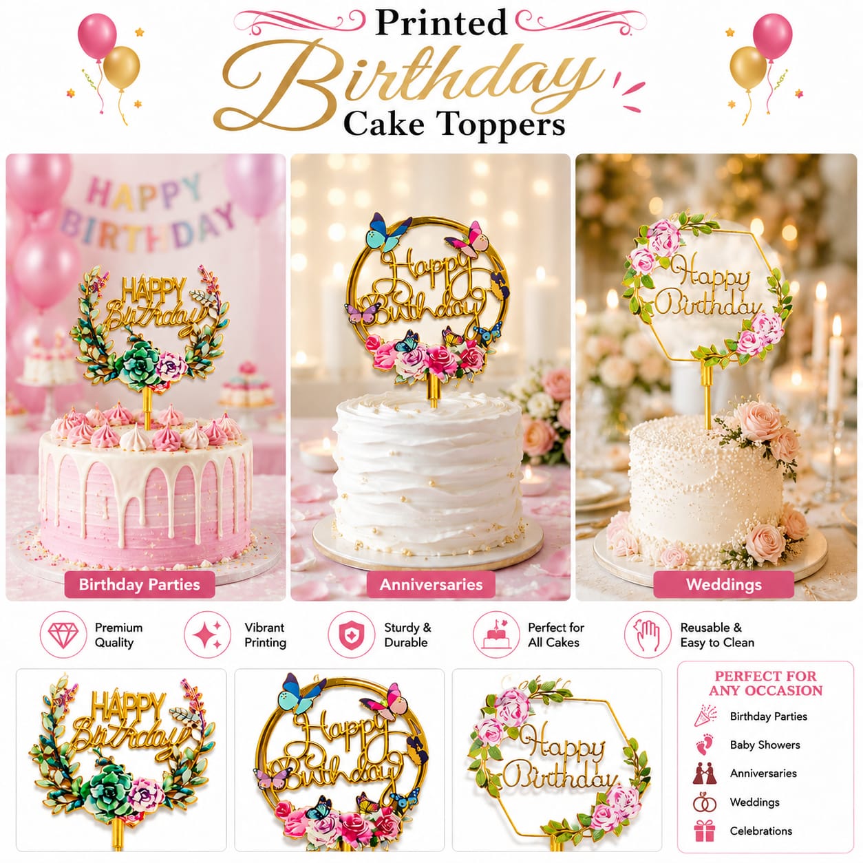 Premium flowers Printed floral Birthday Cake Topper - Party Favor - Multicolor view 2