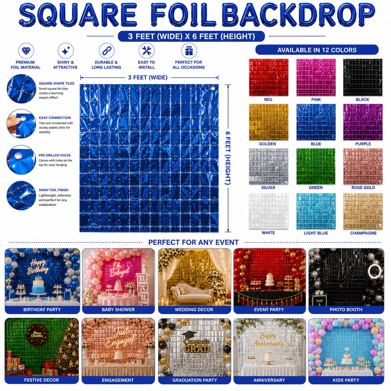 Pack of 2pcs Fancy Square Tile Foil Party Backdrop for decoration view 3