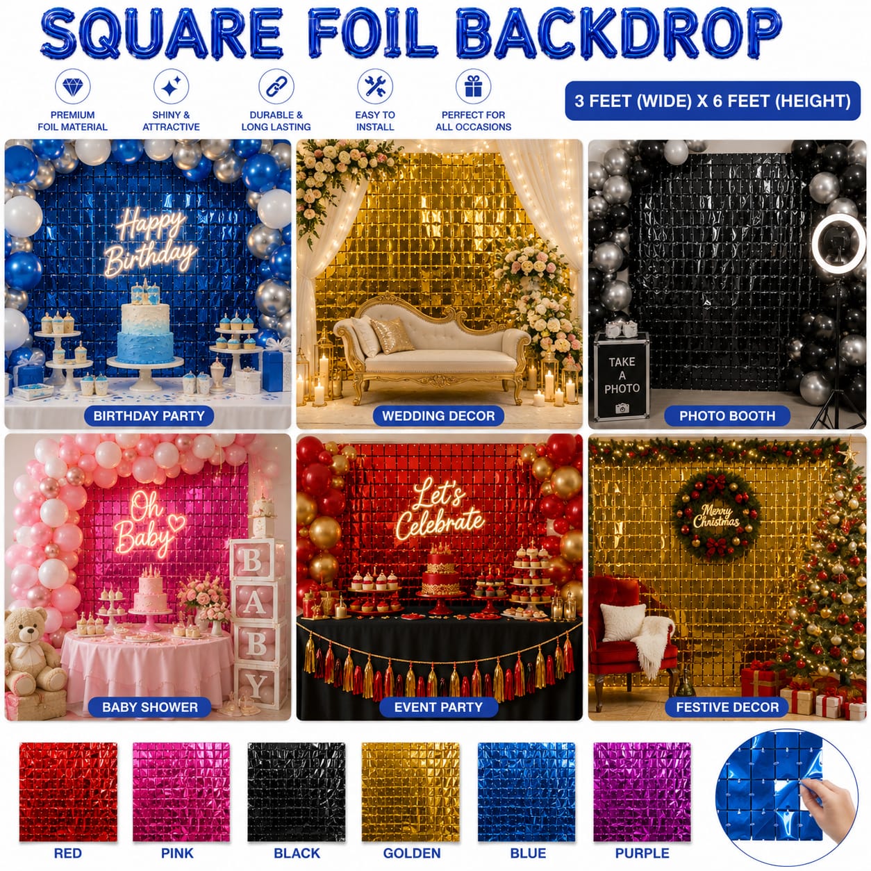 Pack of 2pcs Fancy Square Tile Foil Party Backdrop for decoration view 4