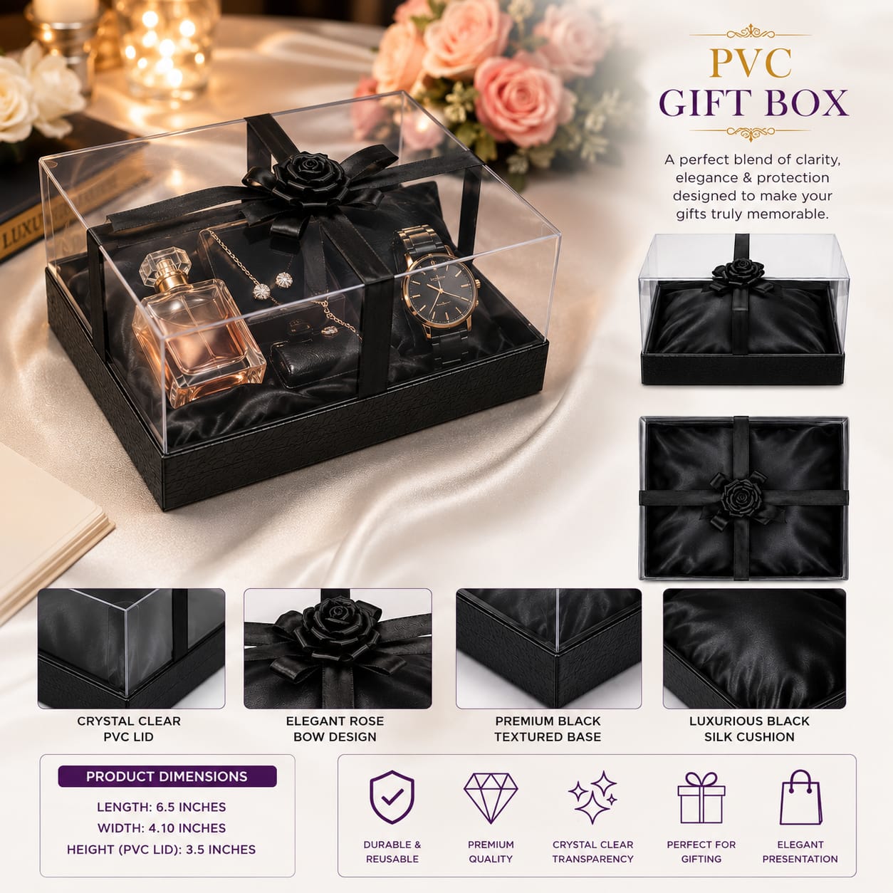 Elegant Black PVC Gift Box with Clear Lid & Rose Bow