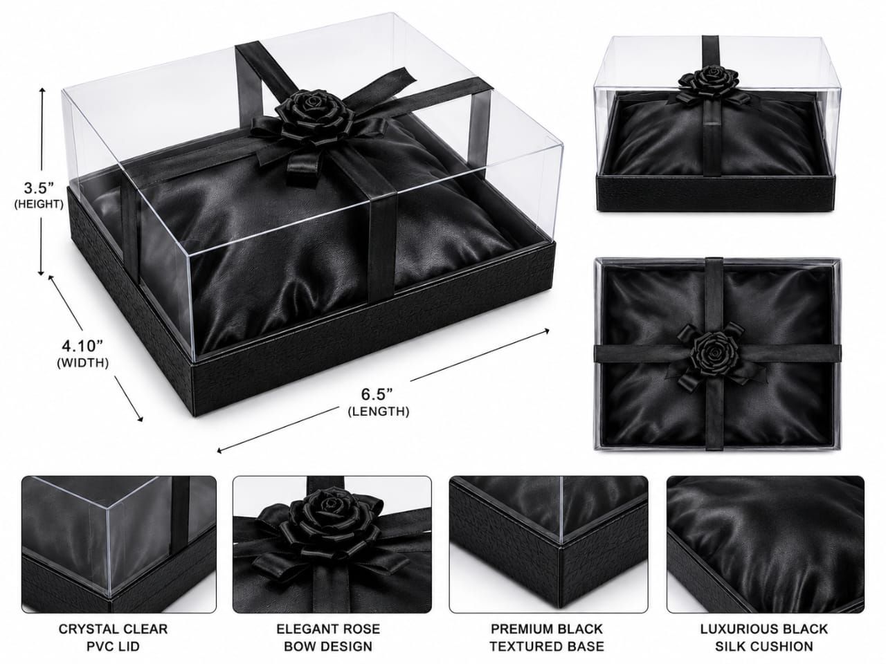 Elegant Black PVC Gift Box with Clear Lid & Rose Bow view 2