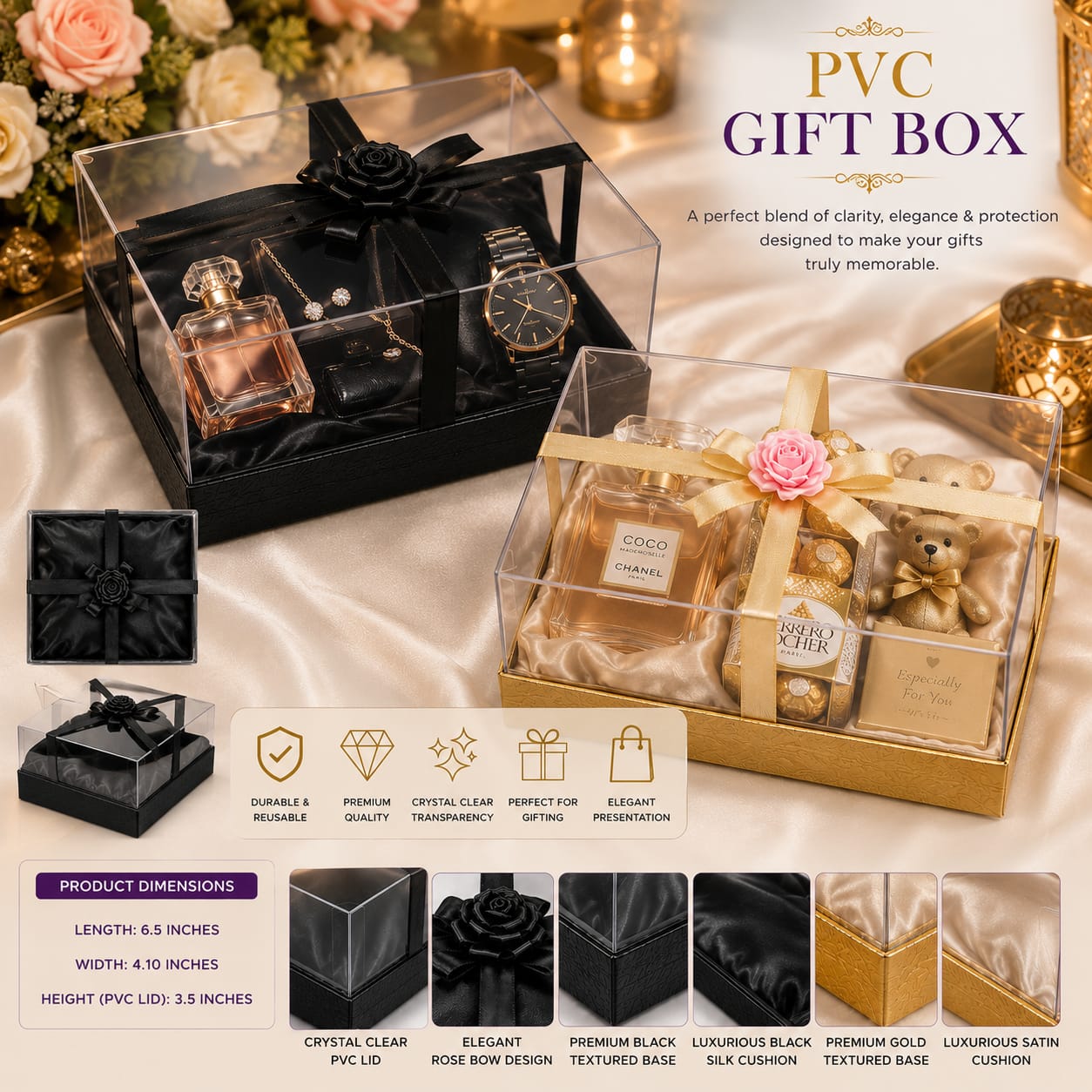 Elegant Black PVC Gift Box with Clear Lid & Rose Bow view 3