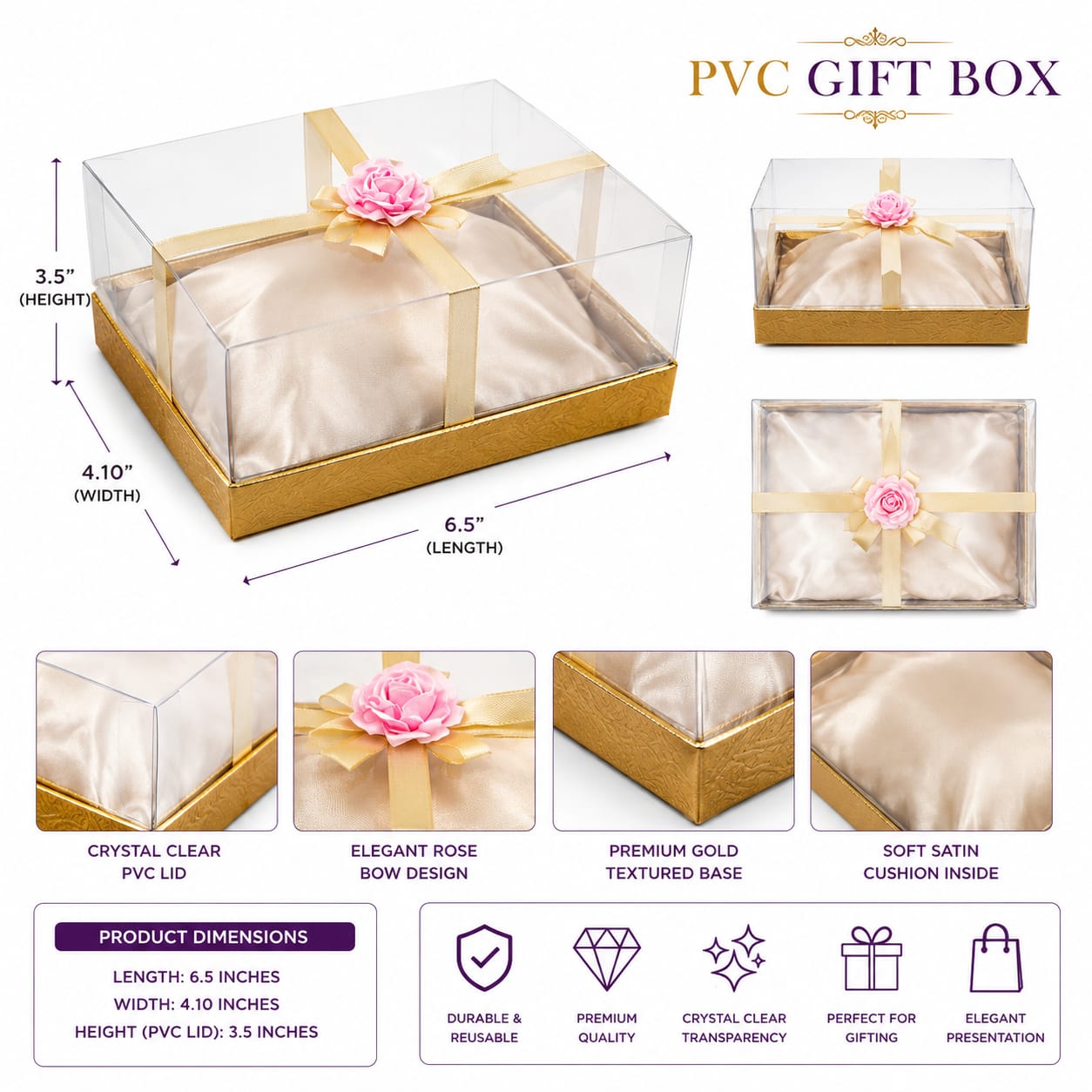 Elegant Black PVC Gift Box with Clear Lid & Rose Bow view 4