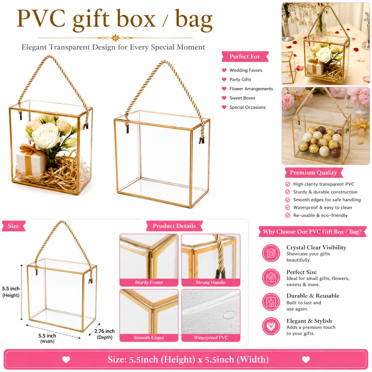 2pcs Elegant Clear Gift Box - Transparent Favor Boxes with Gold Lace Handle for Treats, Chocolate, Party Favors and Gift Packaging, PVC Gift Boxes