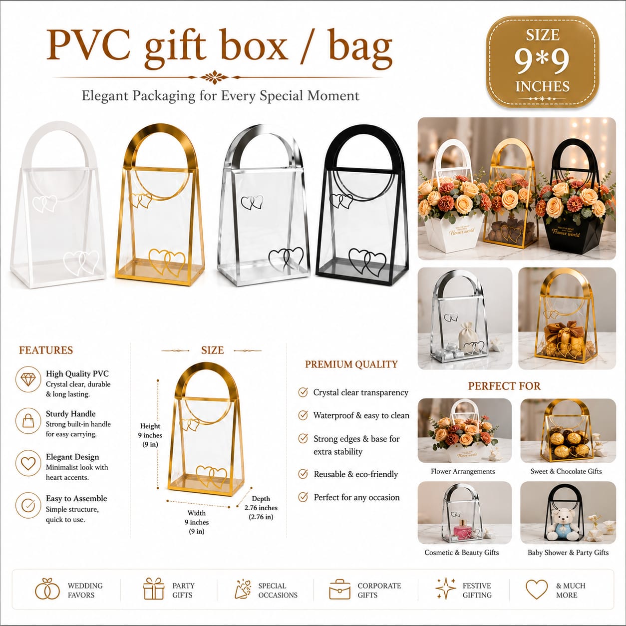 2pcs Premium metallic-trim Hard pvc gift bag boxes