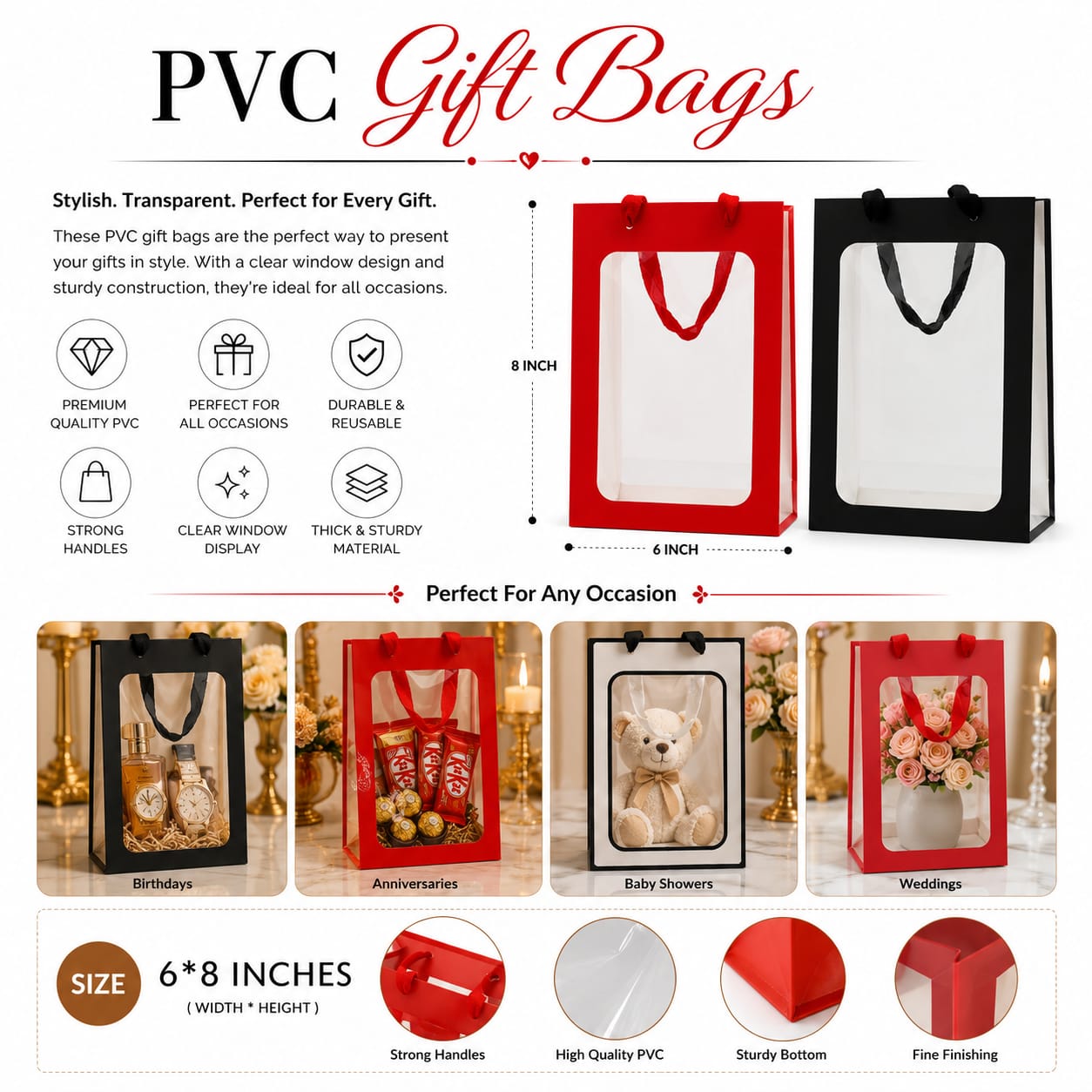 Pack of 2pcs Black & Red Transparent Bag With Handle ,Hamper Bags, Gift Bag, Wedding, Christmas, Valentine Gifting, Birthday