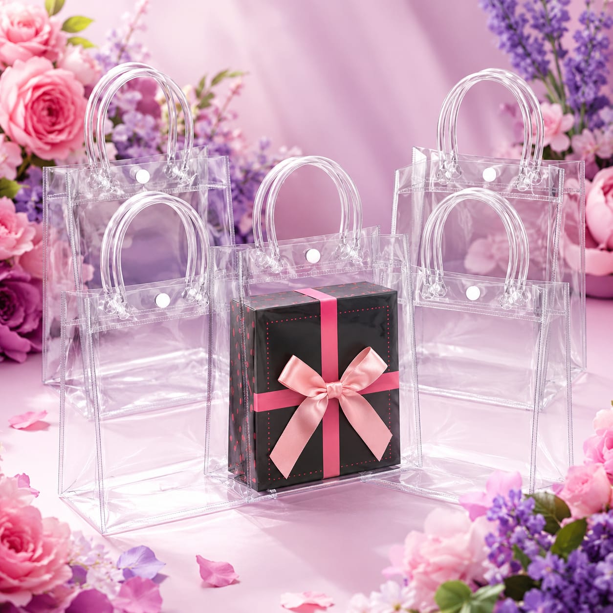 Pack of 5pcs Clear PVC Gift Bags with Round Handles
