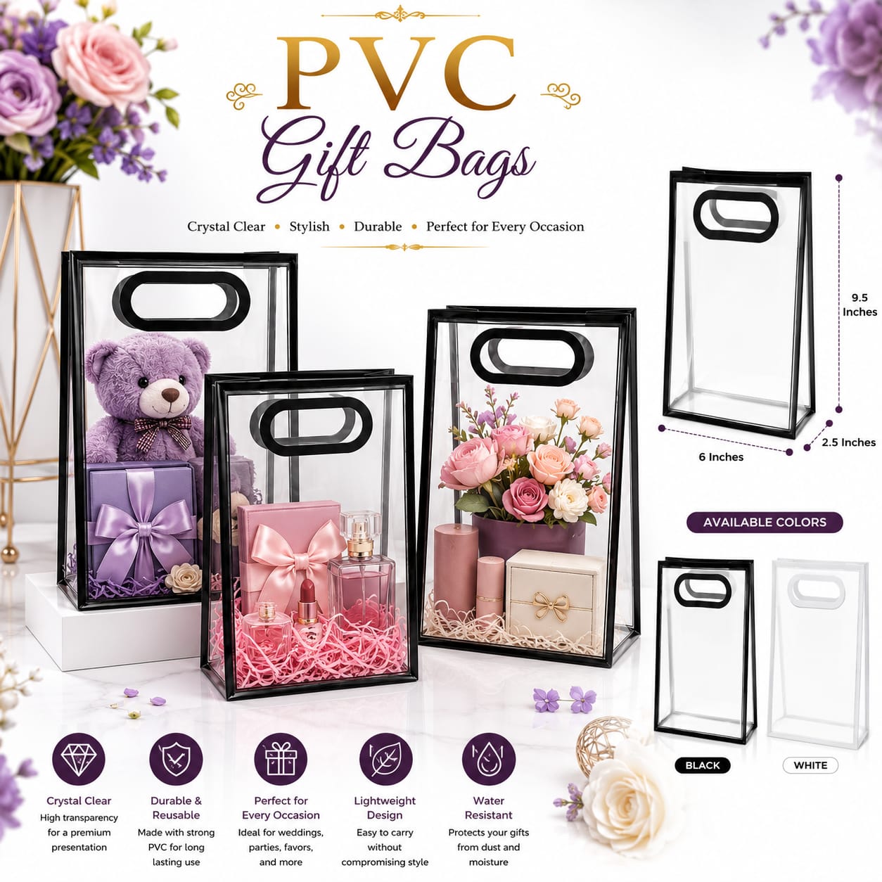 Pack of 2pcs Black & White Transparent PVC Gift Bags view 2