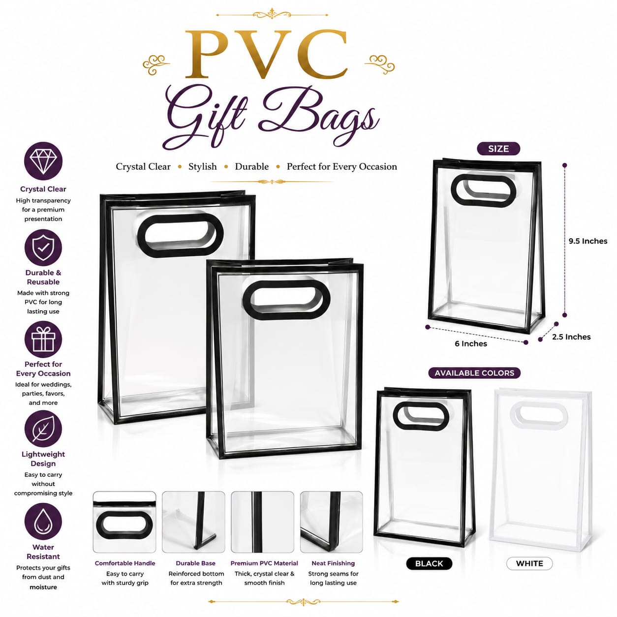 Pack of 2pcs Black & White Transparent PVC Gift Bags view 4