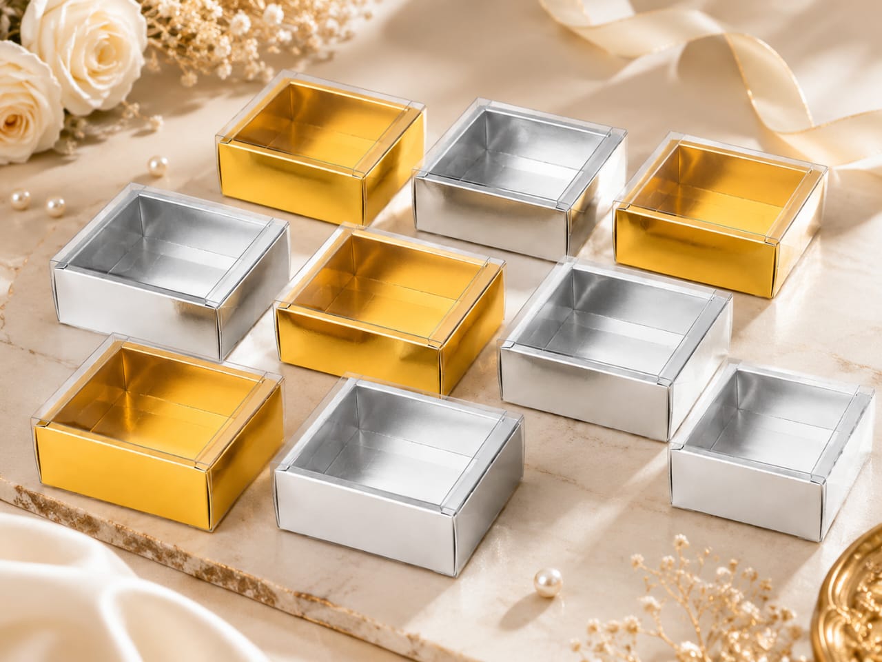 Pack of 10 Gold & Silver Sliding Lid PVC Gift Boxes - party favor