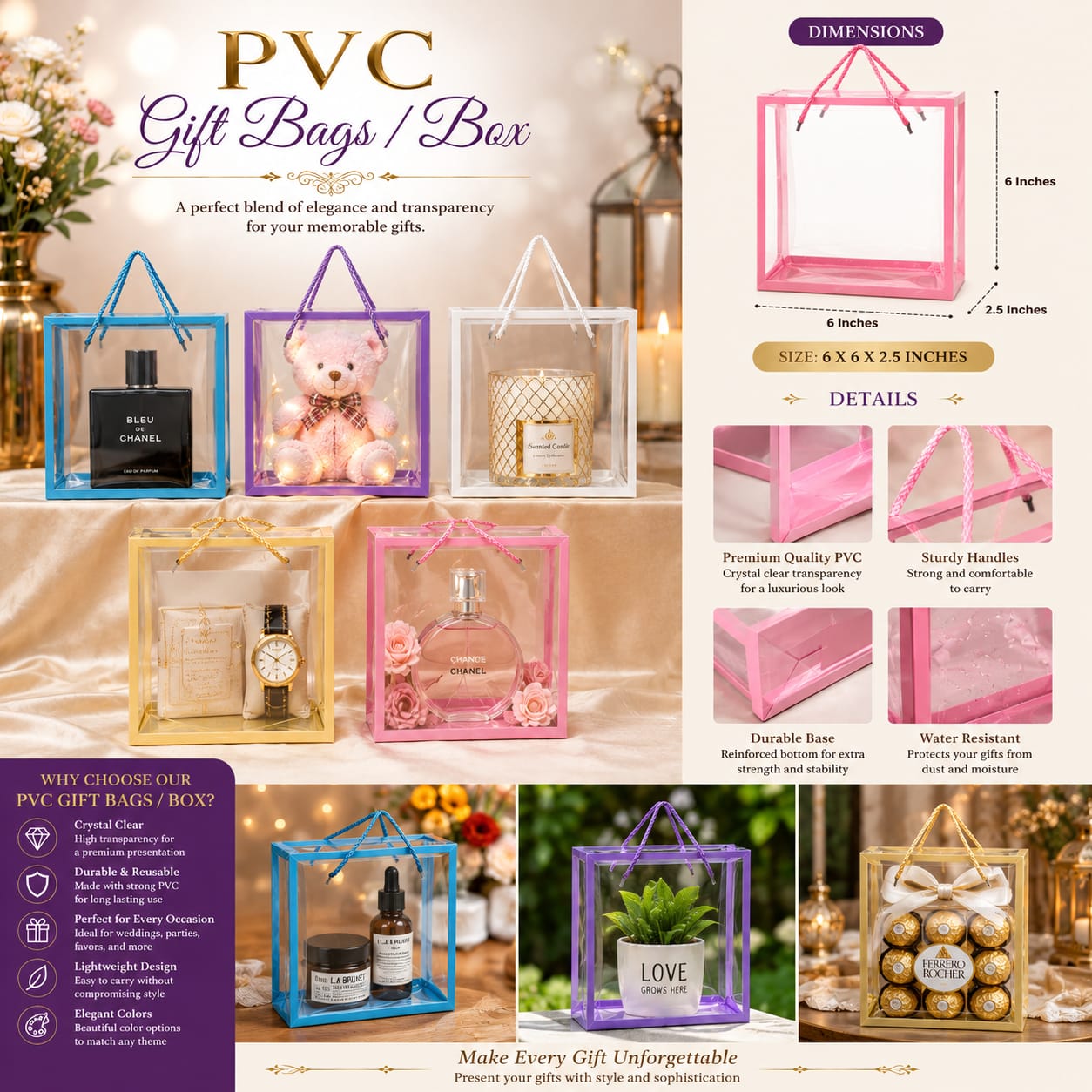 Transparent PVC Gift box Bags with Handled and Reinforced Borders view 3