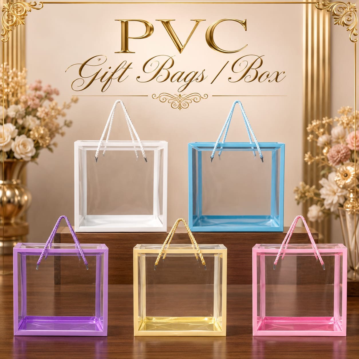Transparent PVC Gift box Bags with Handled and Reinforced Borders view 4