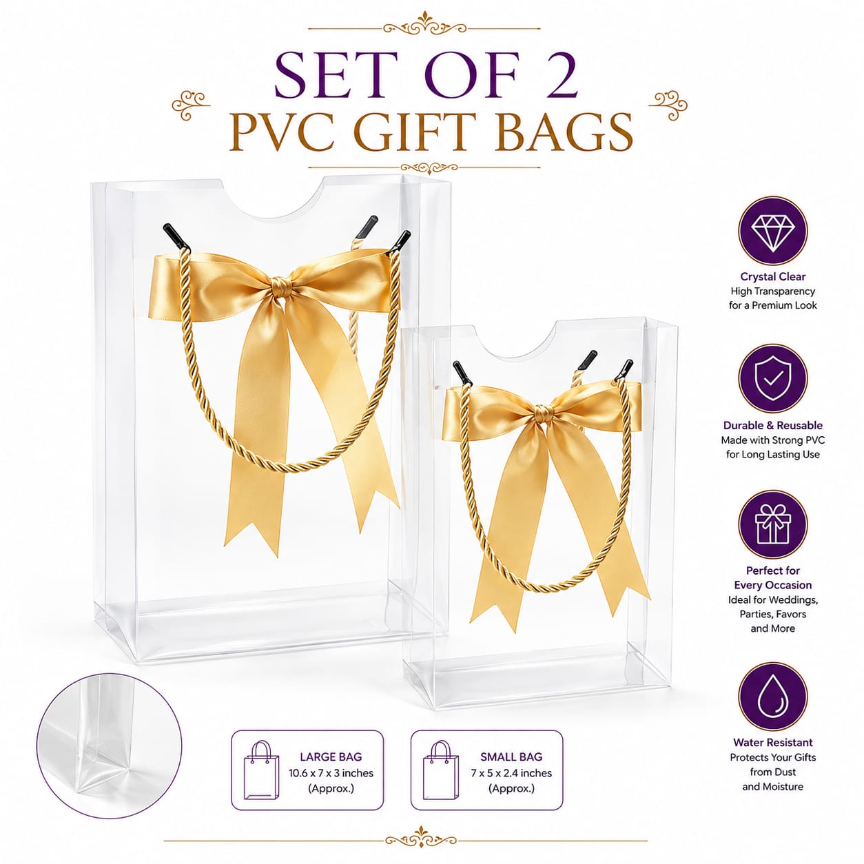 Set of 2pcs Premium Transparent PVC Gift Bags with Bow Handles view 2