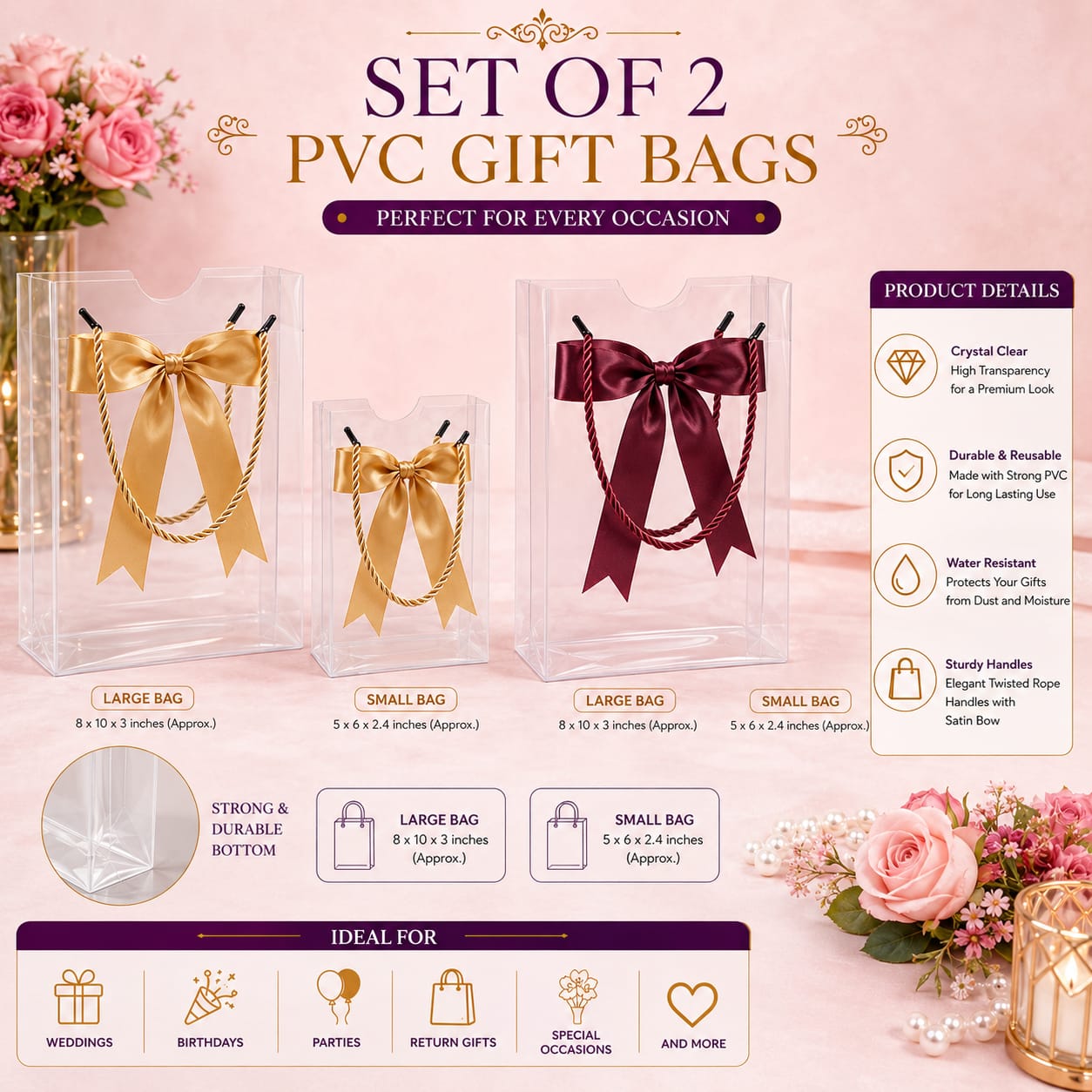 Set of 2pcs Premium Transparent PVC Gift Bags with Bow Handles view 3