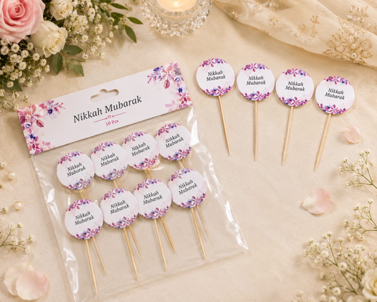 Pack of 10pcs Nikkah Mubarak Sweet Toppers for Mithai, Cake & Chocolates Decoration view 3