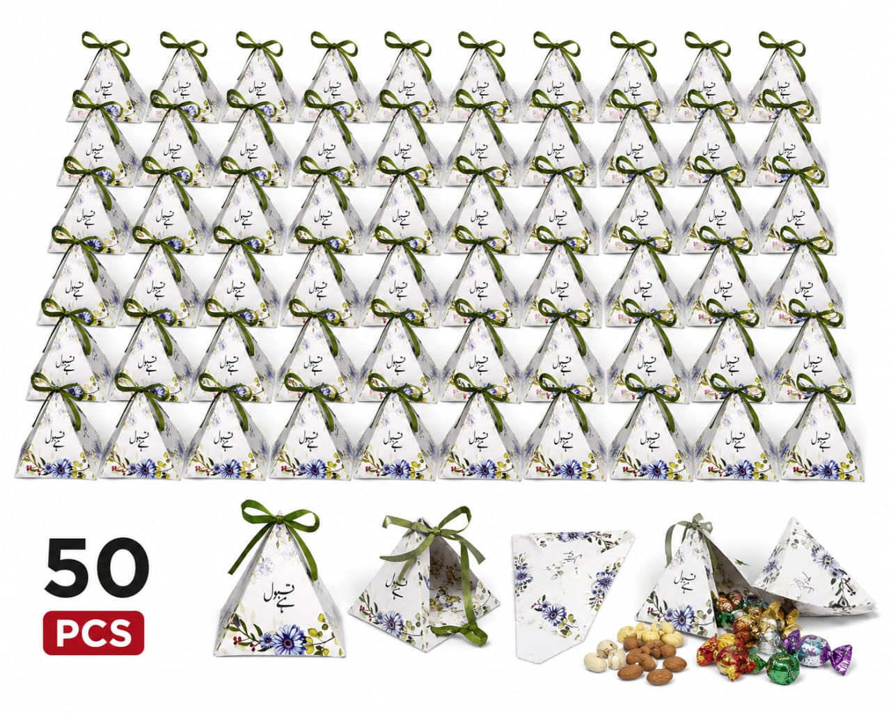 100pcs Floral Nikkah Bid Boxes – Pyramid Shape - Wedding Favor - Card Sheet