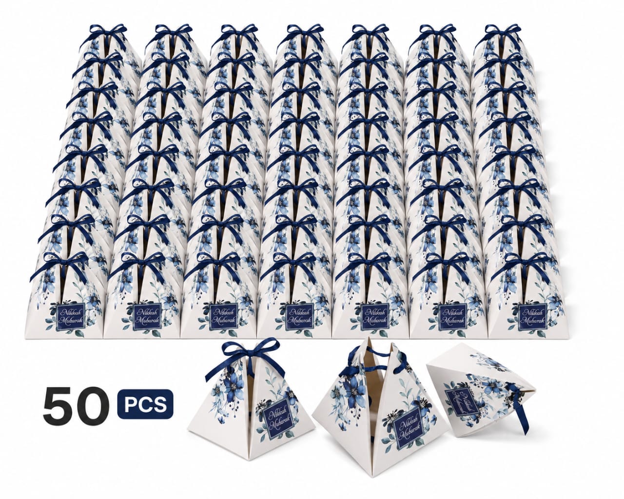 100pcs Blue Floral Nikkah Bid Boxes – Pyramid Shape - Wedding Favor - Card Sheet view 3
