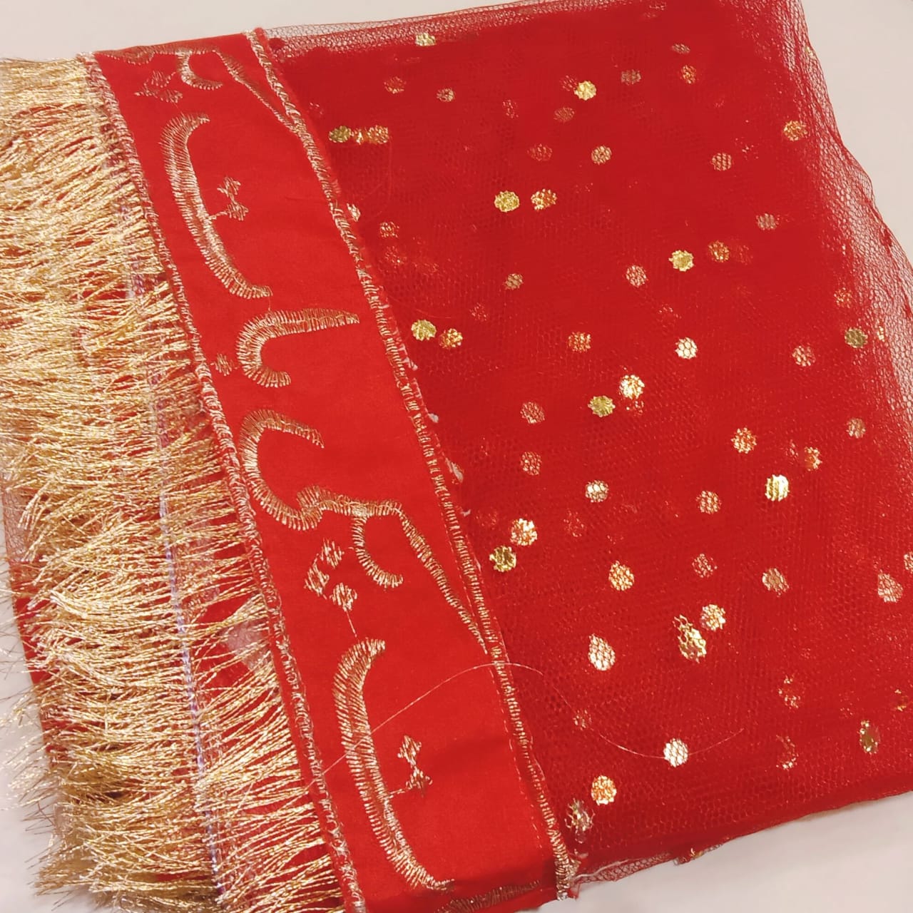Baat Pakki Bridal Dupatta - Wedding Chaddar - Traditional Golden Embroidery with Gold Fringe