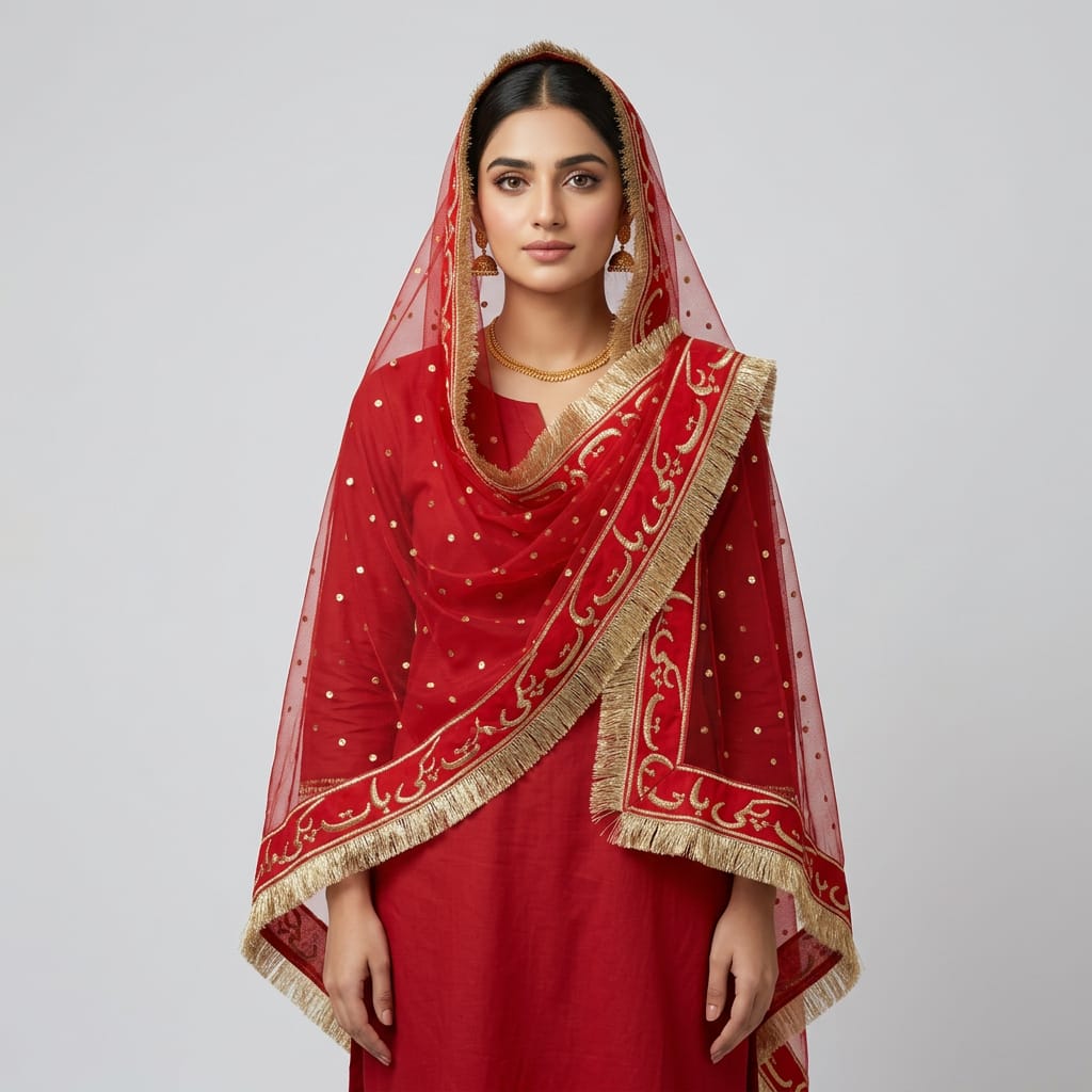 Baat Pakki Bridal Dupatta - Wedding Chaddar - Traditional Golden Embroidery with Gold Fringe view 2