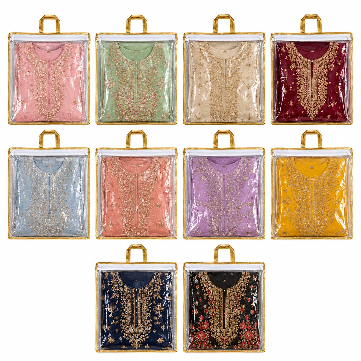 Pack of 10pcs Fancy Transparent Zipper Bag Suit, Saree, Wedding Dress Storage Cover Bag with Golden Border
