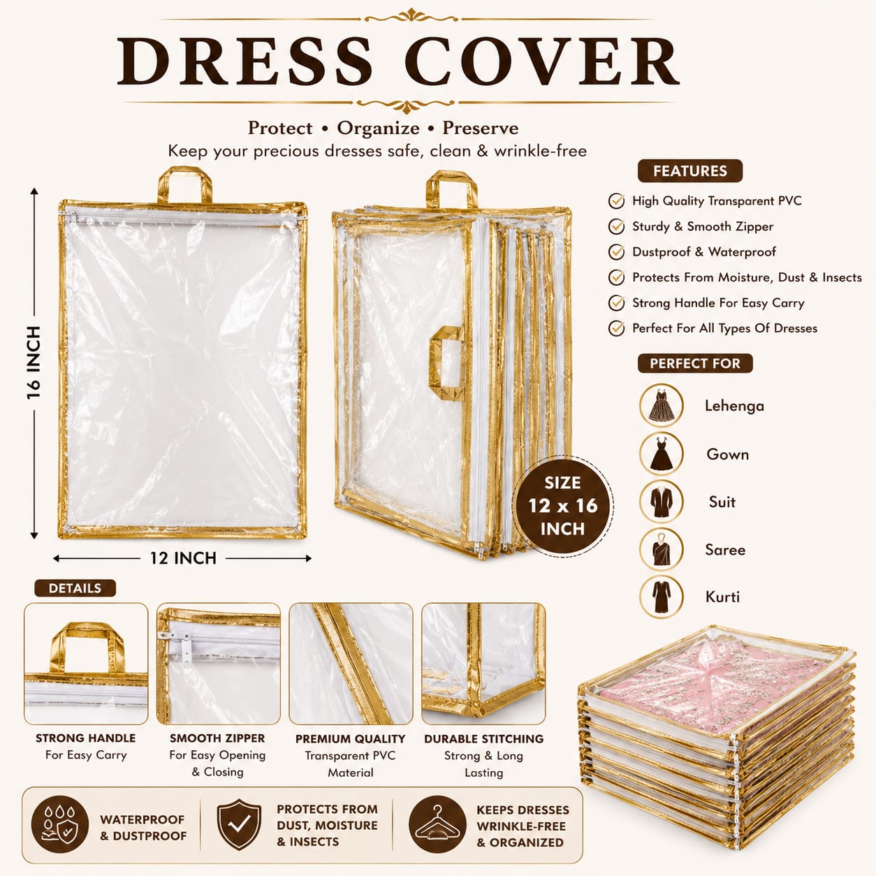 Pack of 10pcs Fancy Transparent Zipper Bag Suit, Saree, Wedding Dress Storage Cover Bag with Golden Border view 2